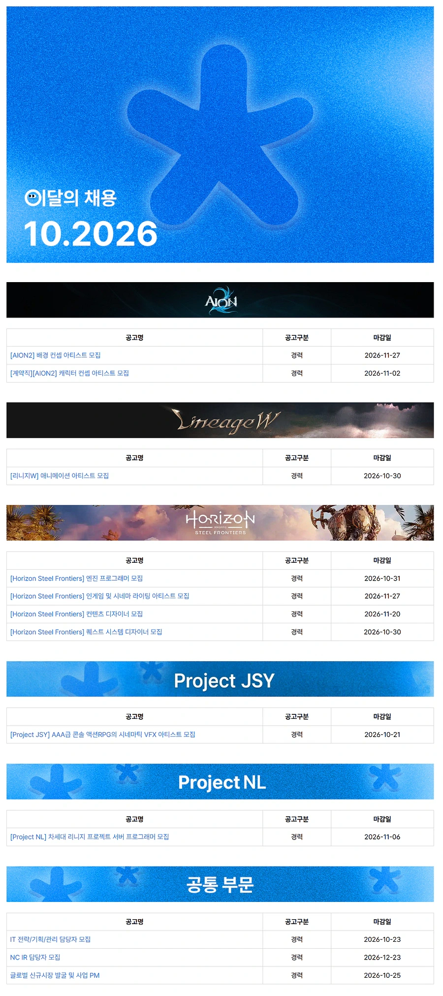 엔씨 2026년 10월 전 부분 수시채용 채용공고