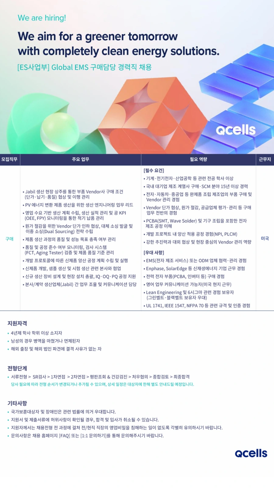 한화솔루션 [큐셀] ES사업부 Global EMS 구매담당 경력직 채용 채용공고