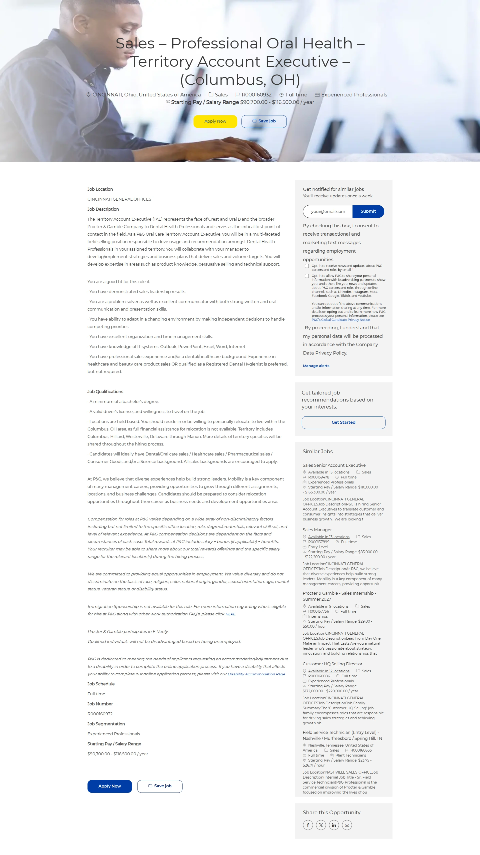 P&G Sales – Professional Oral Health – Territory Account Executive – (Columbus, OH) 채용공고