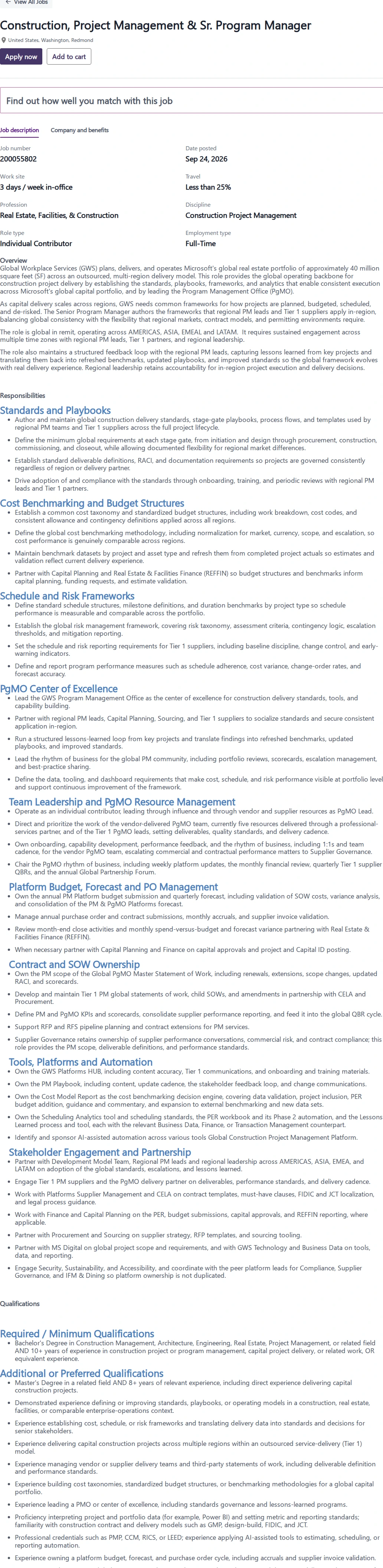 마이크로소프트(Microsoft) Construction, Project Management & Sr. Program Manager 채용공고