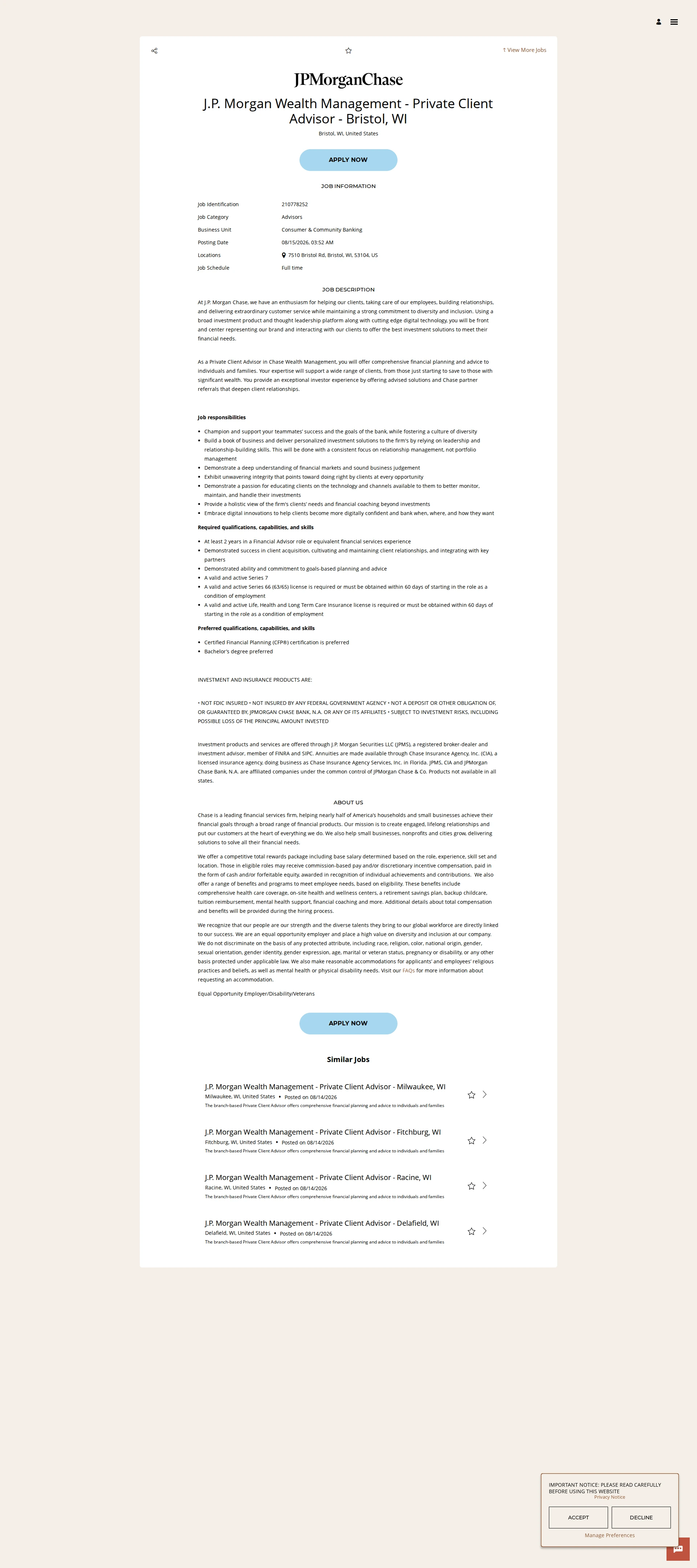 JPMorganChase J.P. Morgan Wealth Management - Private Client Advisor - Bristol, WI 채용공고