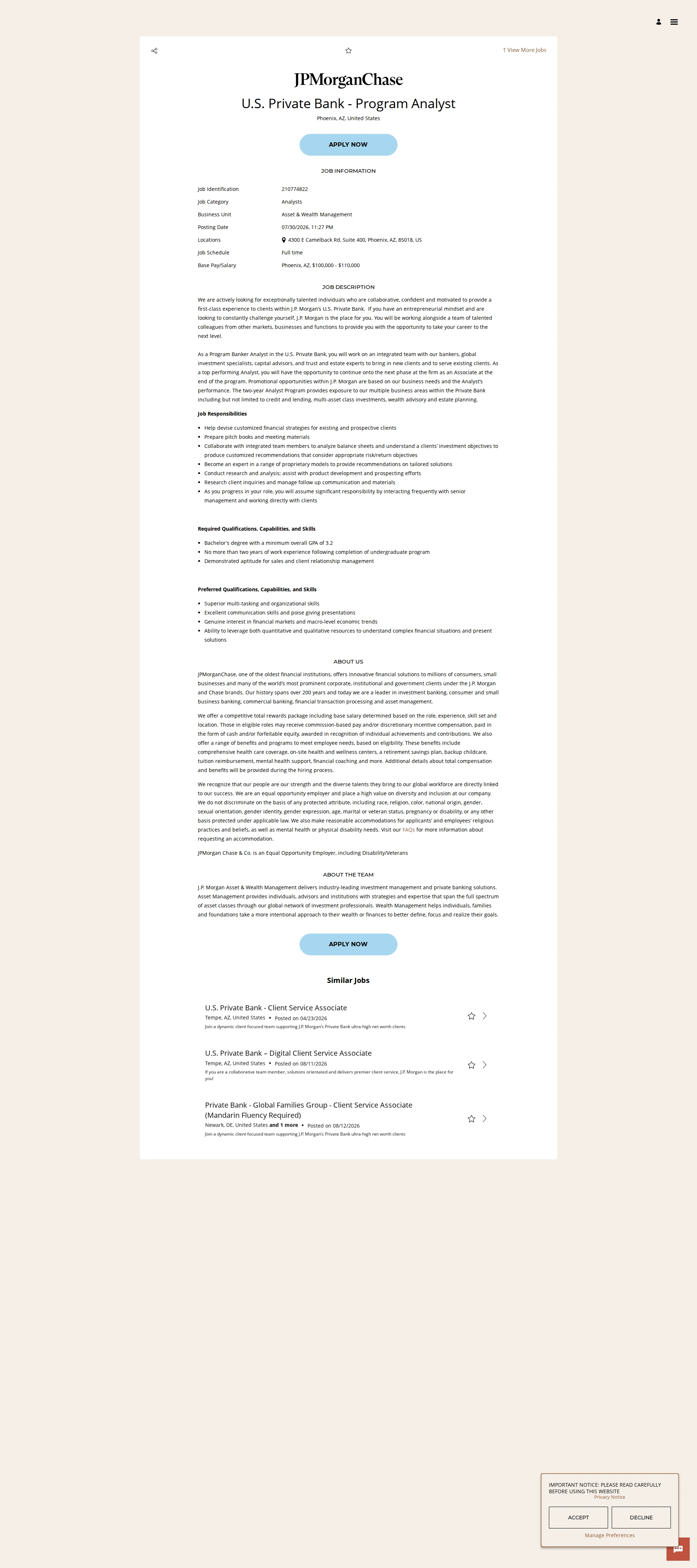 JPMorganChase U.S. Private Bank - Program Analyst 채용공고