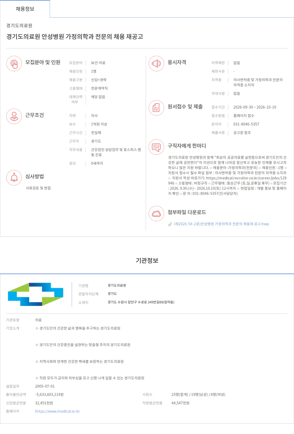 경기도의료원 경기도의료원 안성병원 가정의학과 전문의 채용 재공고 채용공고
