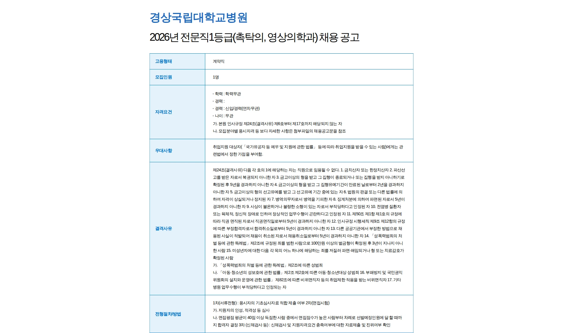 경상국립대학교병원 2026년 전문직1등급(촉탁의, 영상의학과) 채용 공고 채용공고