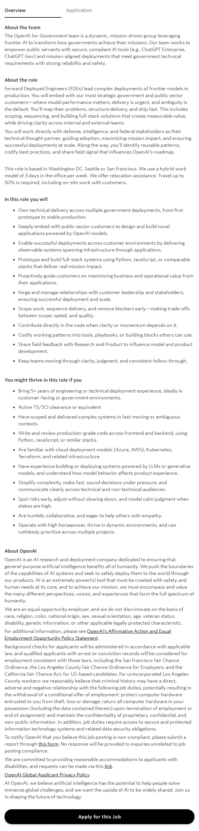 오픈에이아이(OpenAI) Forward Deployed Engineer, Gov 채용공고