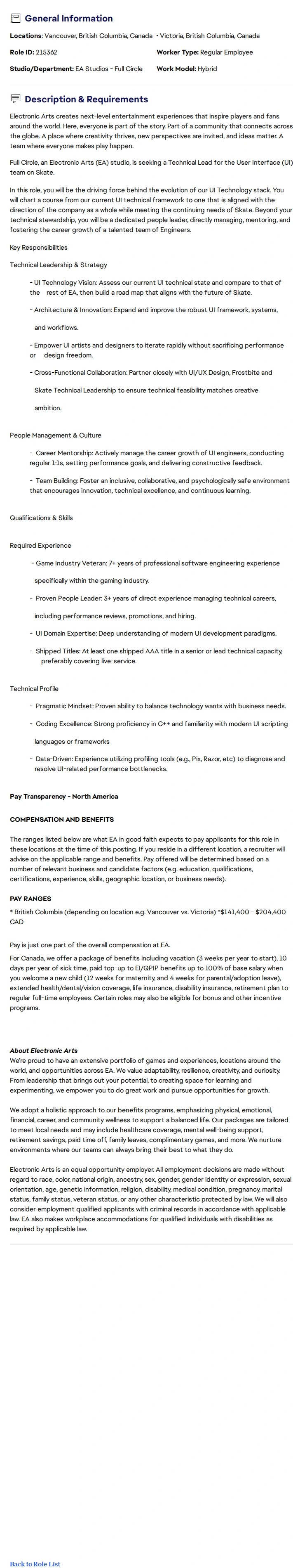 ElectronicArts Technical Lead – User Interface (UI) - Skate 채용공고