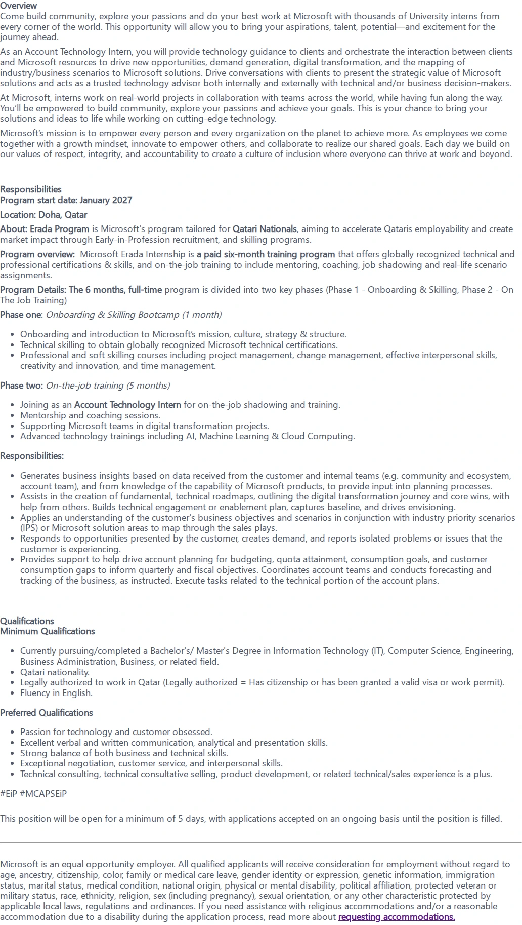 마이크로소프트(Microsoft) Account Tech Strategist - Erada Internship 채용공고
