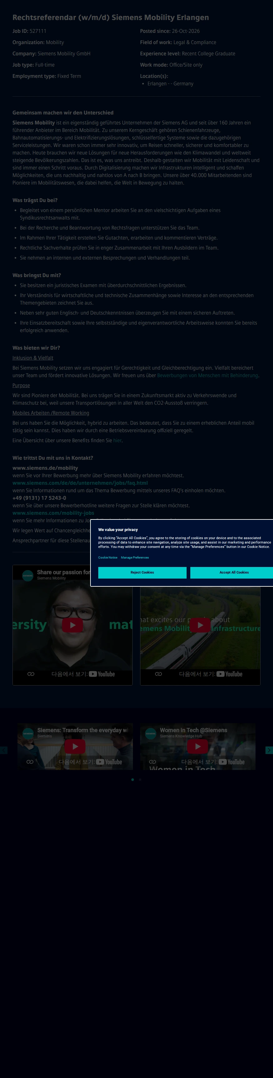 지멘스 Rechtsreferendar (w/m/d) Siemens Mobility Erlangen 채용공고