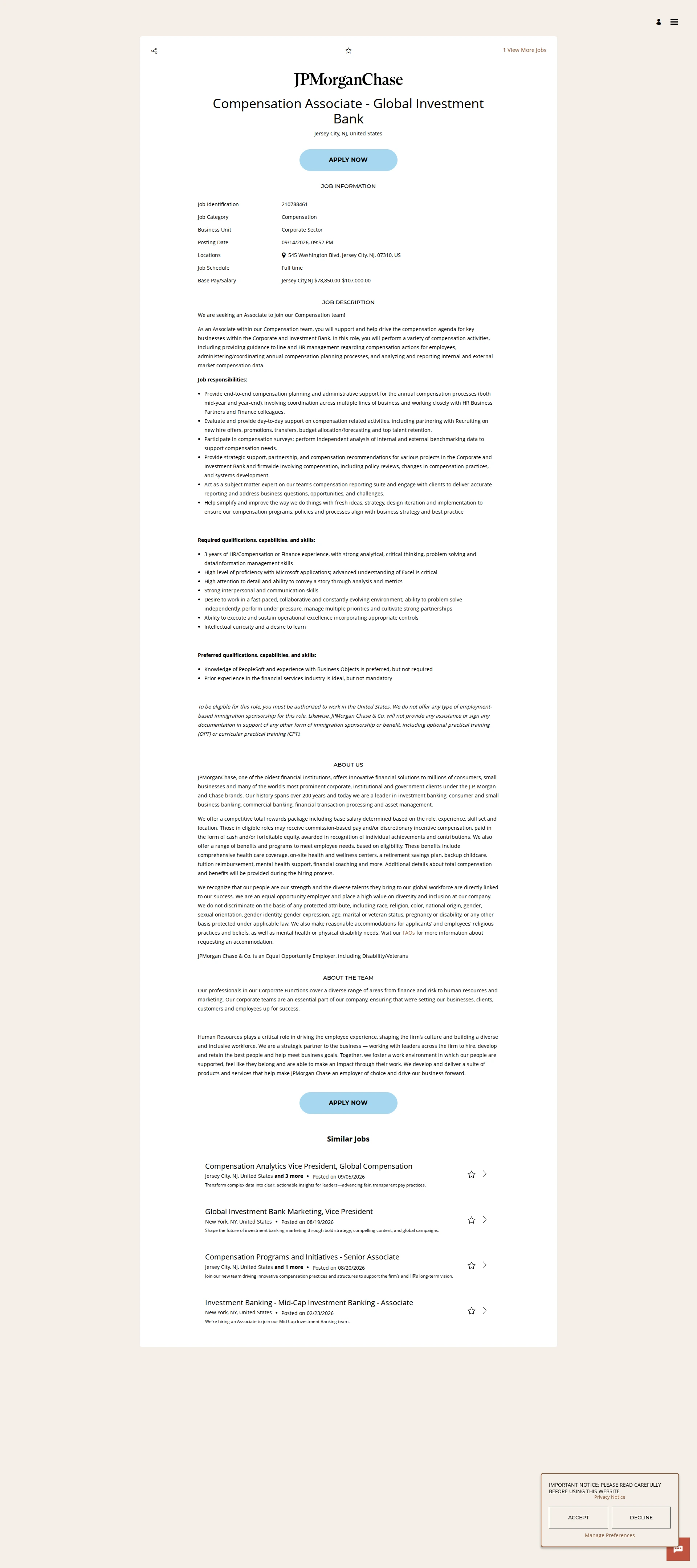 JPMorganChase Compensation Associate - Global Investment Bank 채용공고