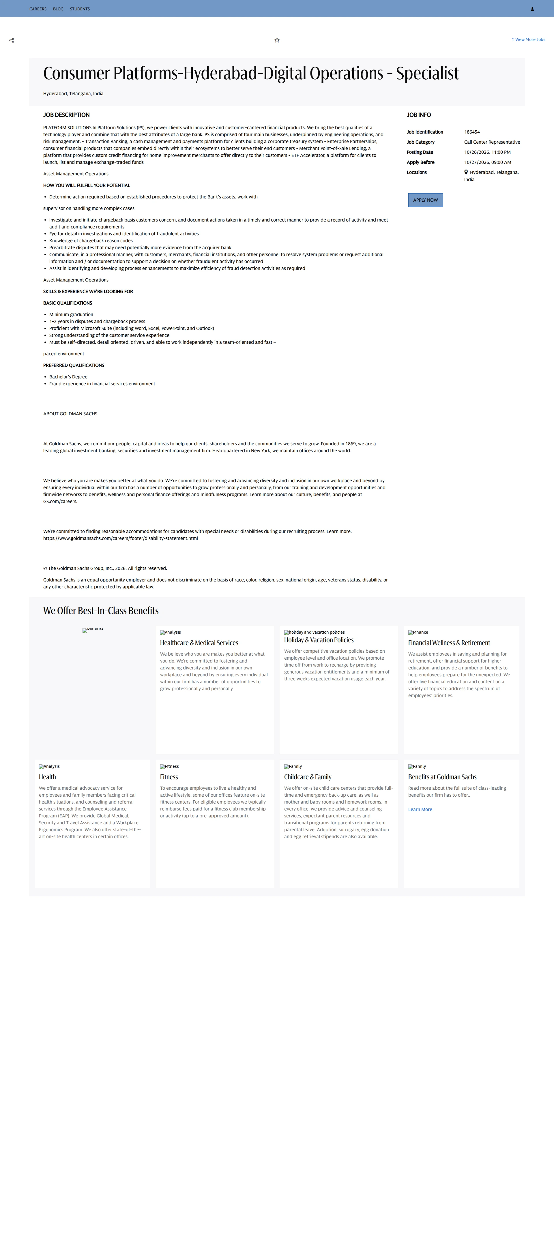 골드만삭스 Consumer Platforms-Hyderabad-Digital Operations - Specialist 채용공고
