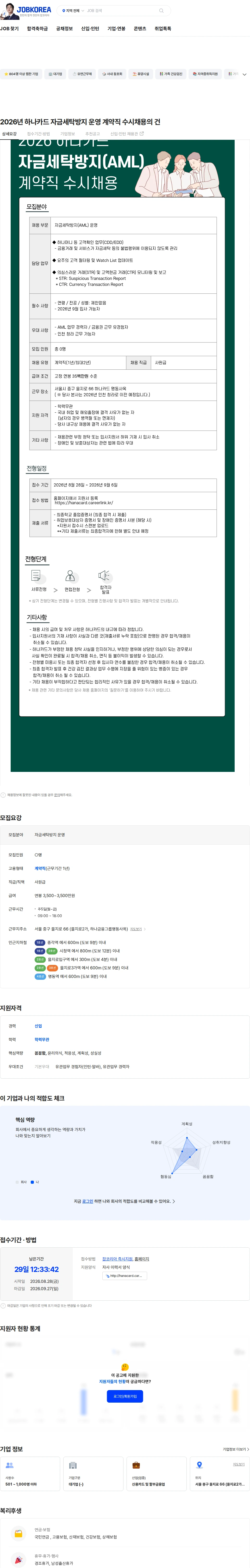 하나카드 2026년 하나카드 자금세탁방지 운영 계약직 수시채용의 건 채용공고