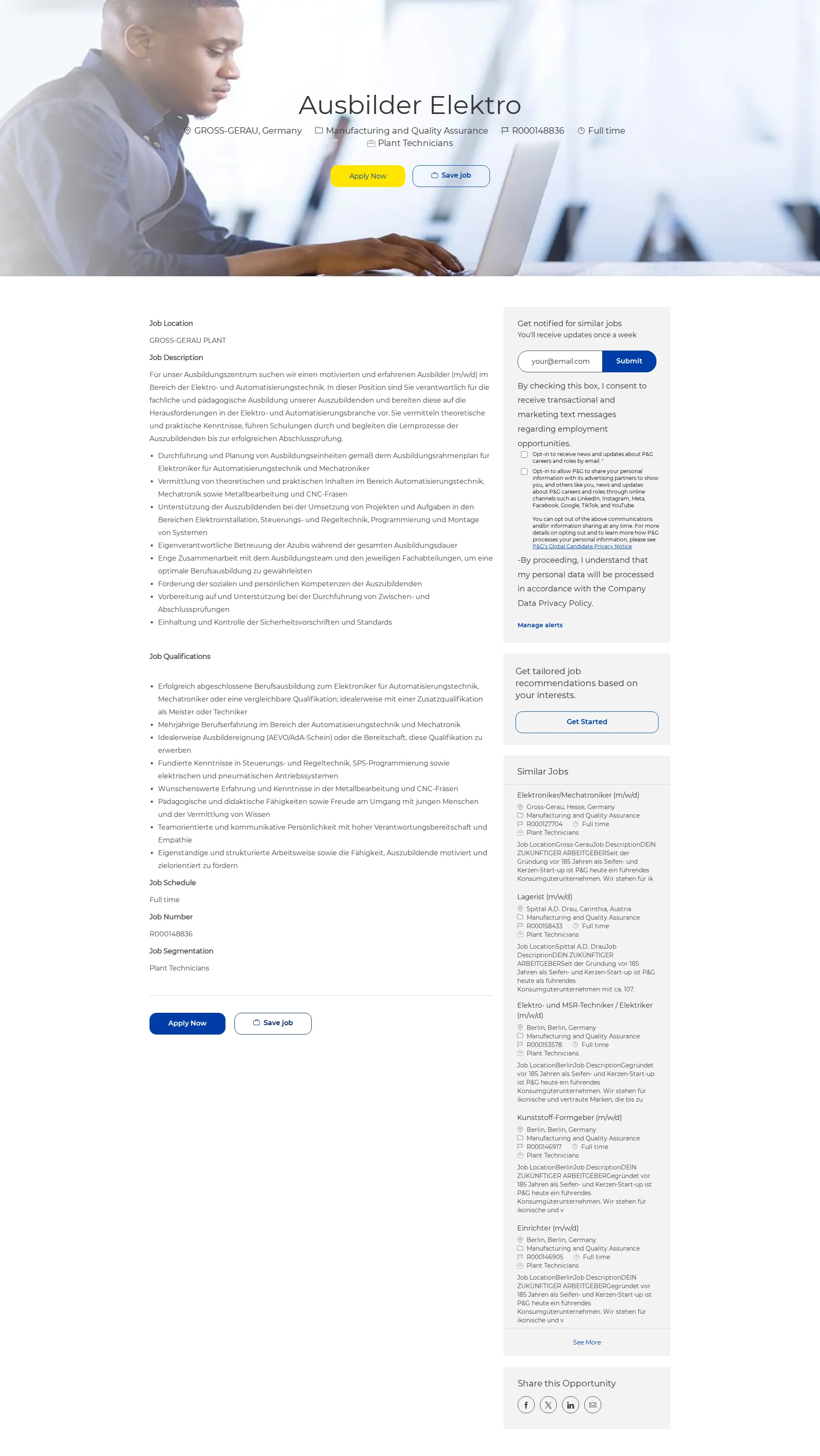 P&G Ausbilder Elektro 채용공고