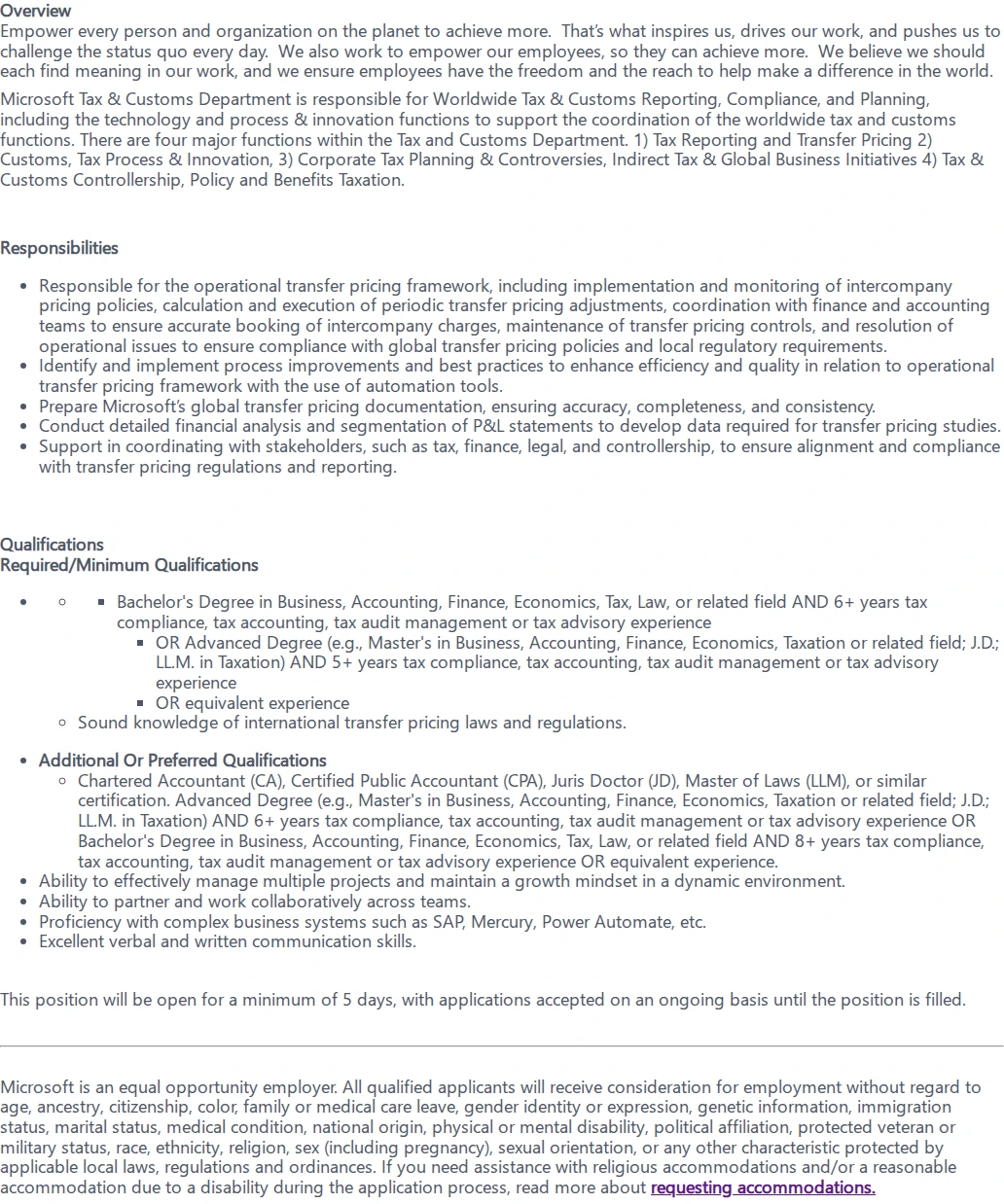 마이크로소프트(Microsoft) Manager, Transfer Pricing 채용공고
