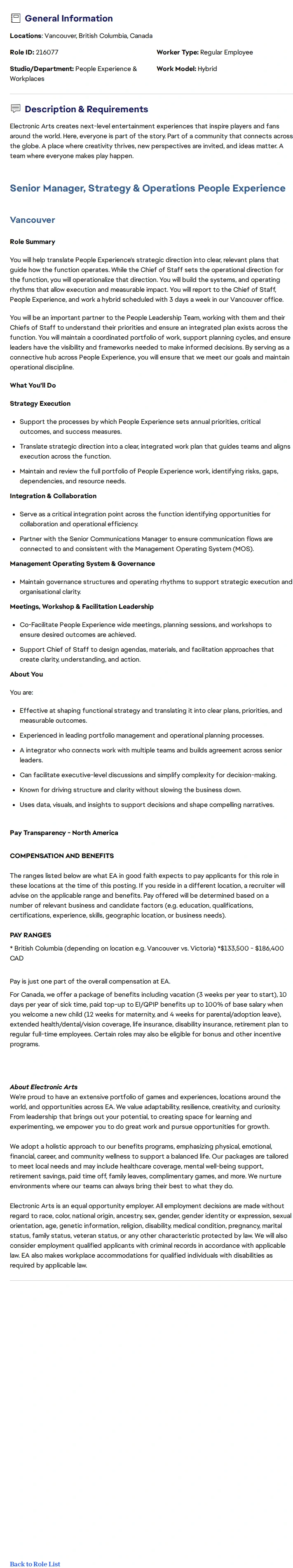 ElectronicArts Senior Manager, Strategy and Operations - People Experience 채용공고