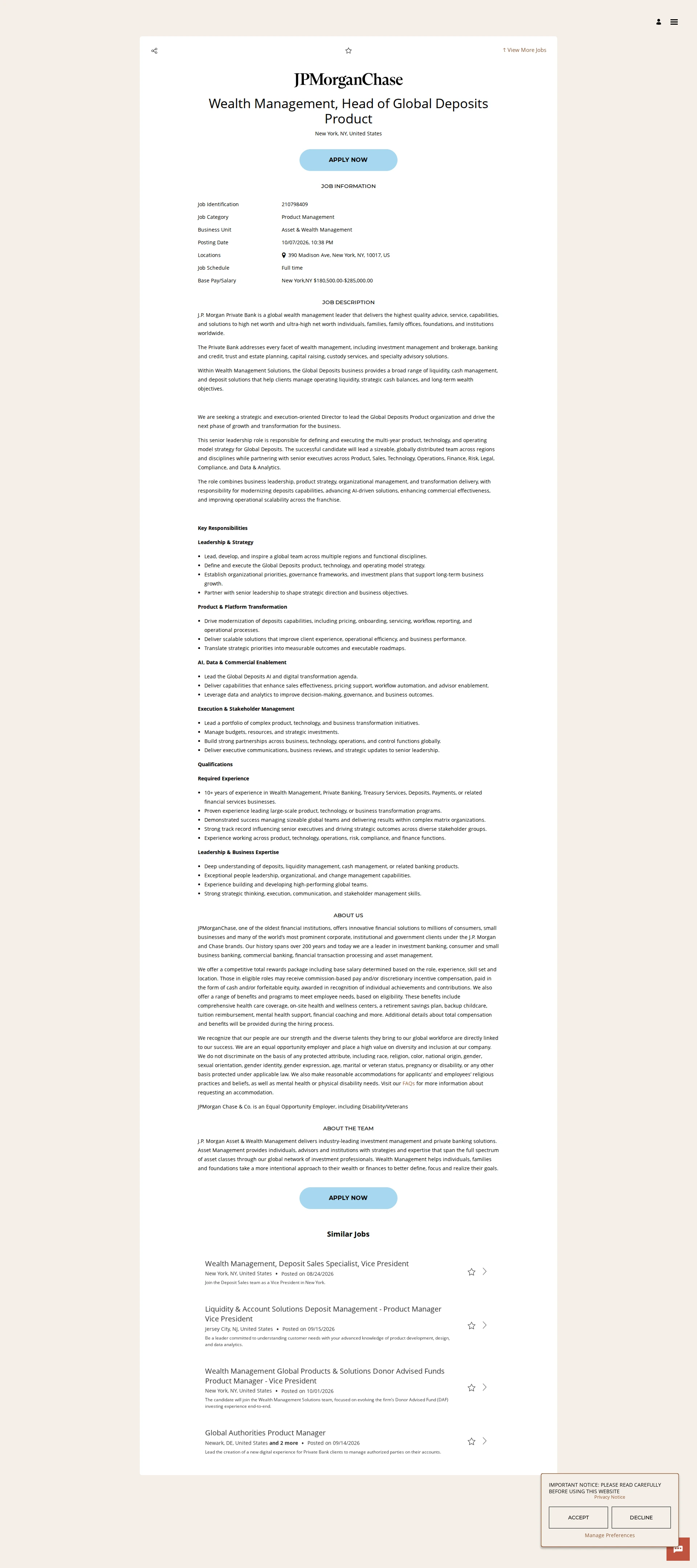 JPMorganChase Wealth Management, Head of Global Deposits Product 채용공고