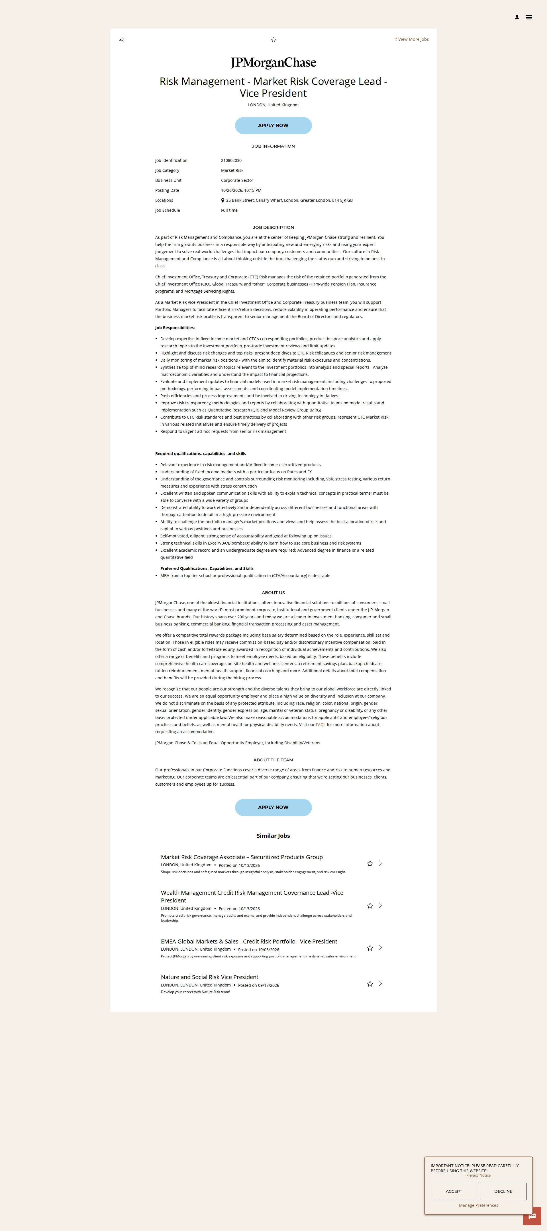 JPMorganChase Risk Management - Market Risk Coverage Lead - Vice President 채용공고