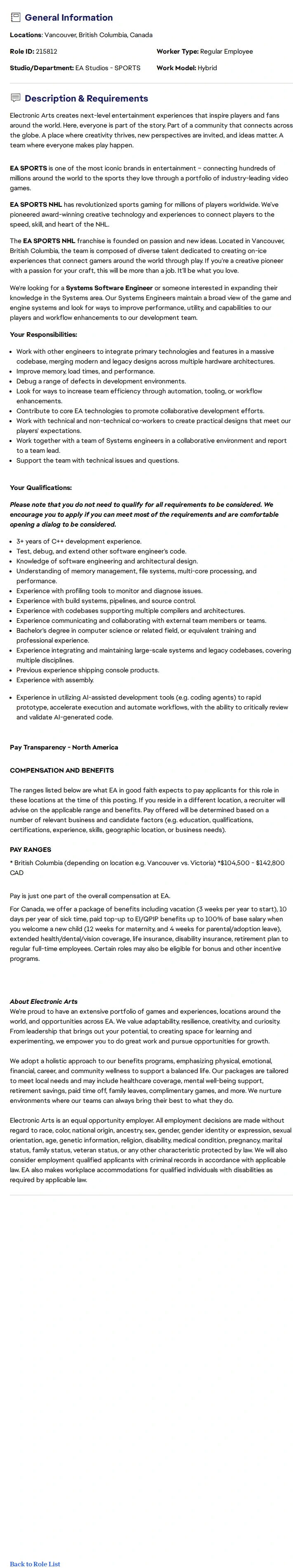 ElectronicArts Systems Software Engineer - EA SPORTS™ NHL 채용공고