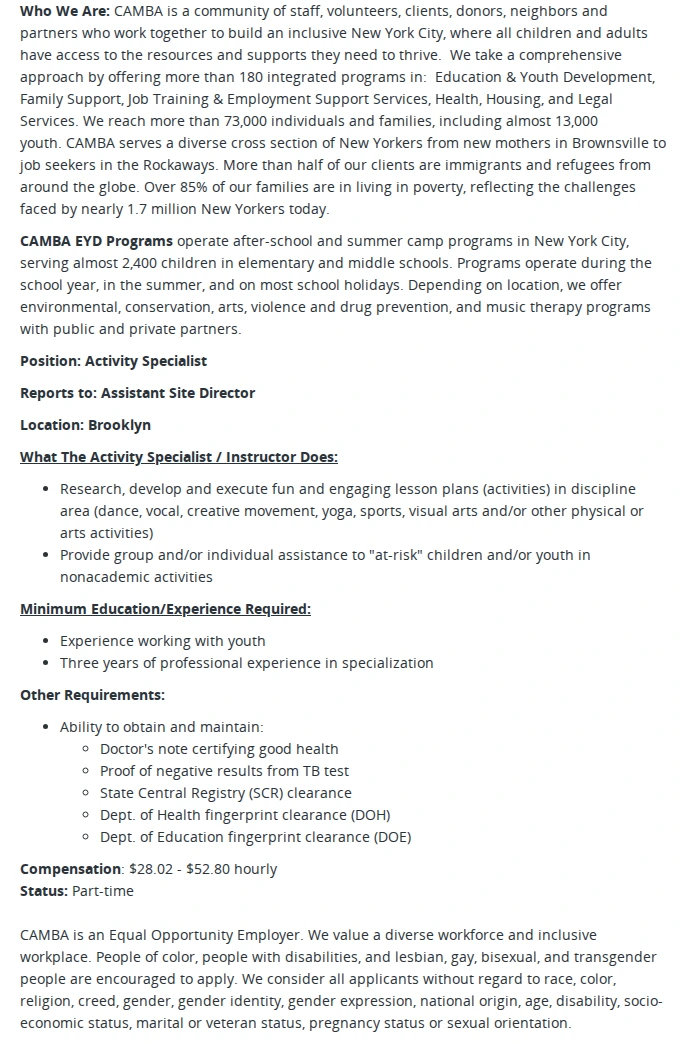 CAMBA CAMBA Activity Specialist / Instructor 2024 -2025 채용공고