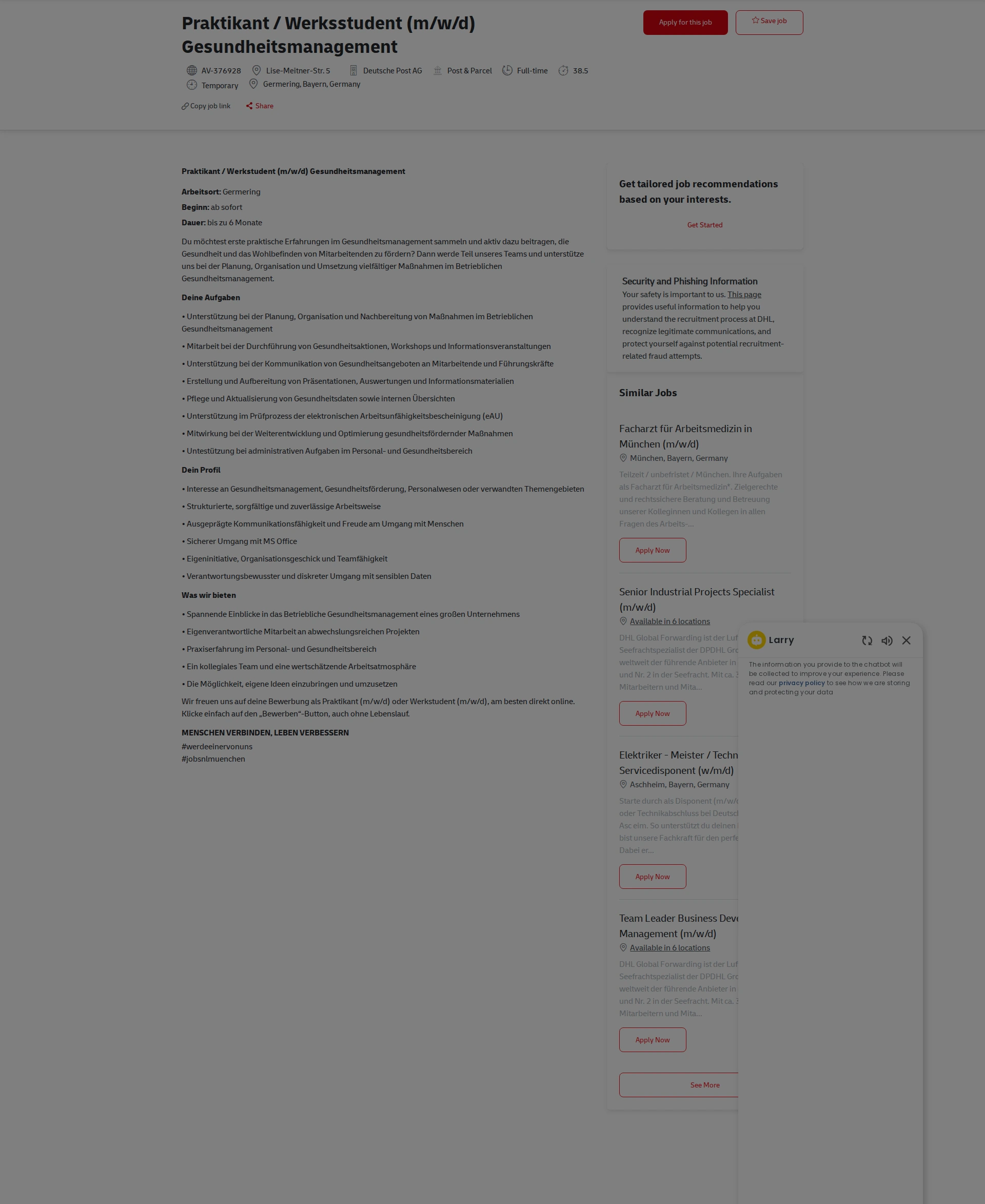 DHL Praktikant / Werksstudent (m/w/d) Gesundheitsmanagement 채용공고
