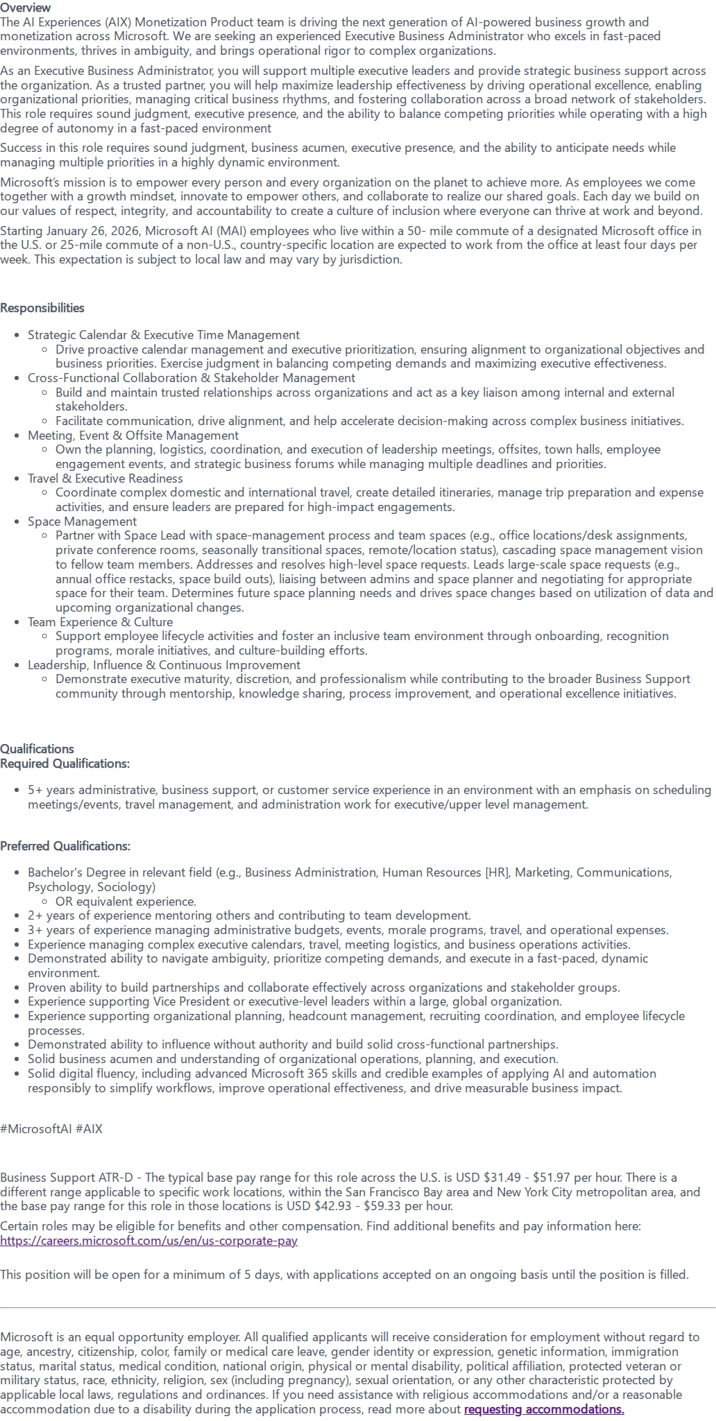 마이크로소프트(Microsoft) Executive Business Administrator 채용공고