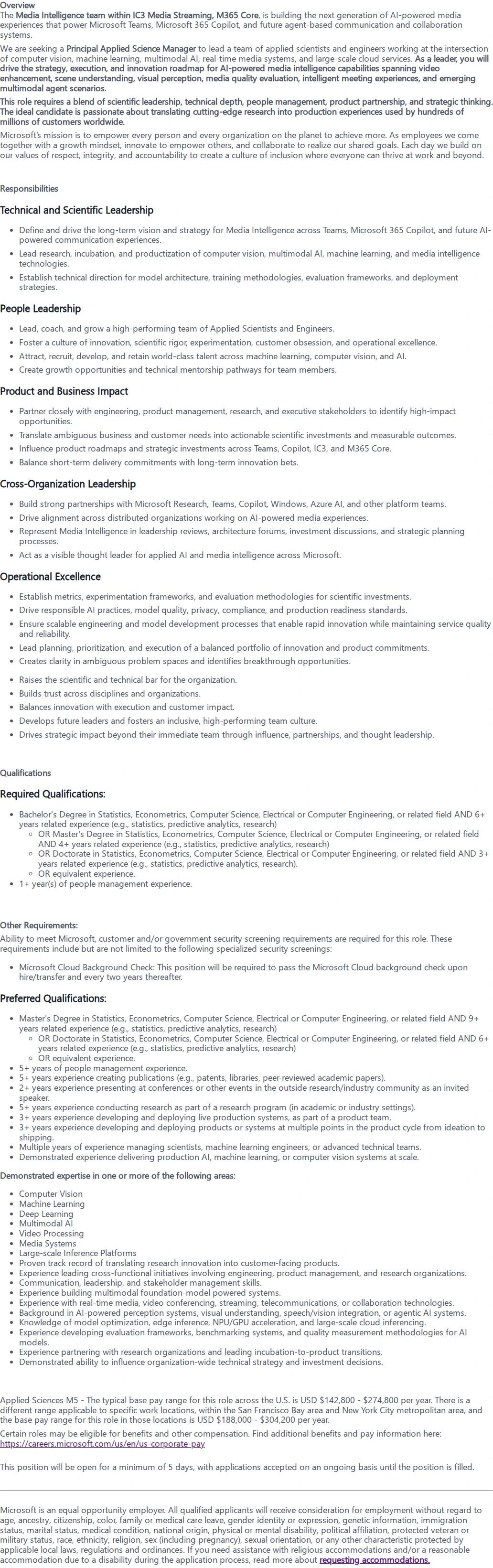 마이크로소프트(Microsoft) Principal Applied Science Manager - The Media Intelligence Team, IC3 Media Steaming M365 Core 채용공고