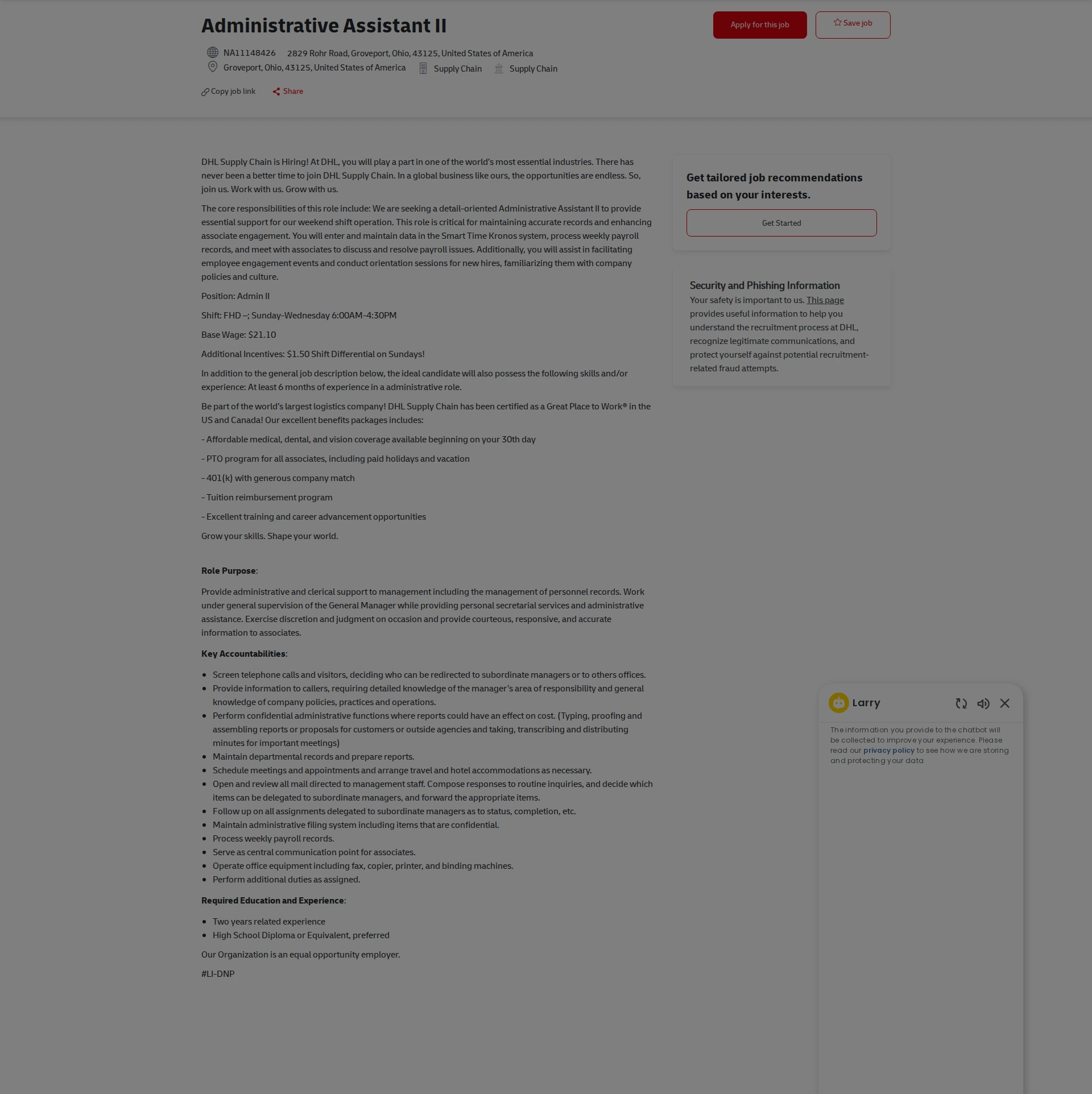 DHL Administrative Assistant II 채용공고