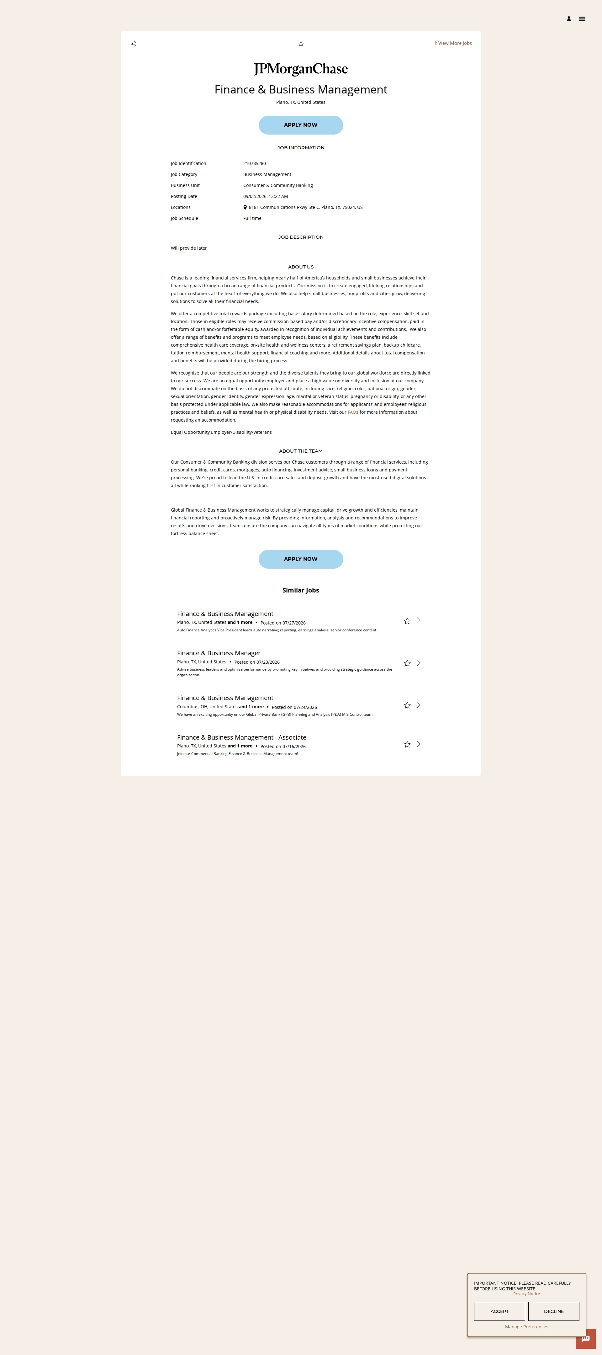 JPMorganChase Finance & Business Management 채용공고