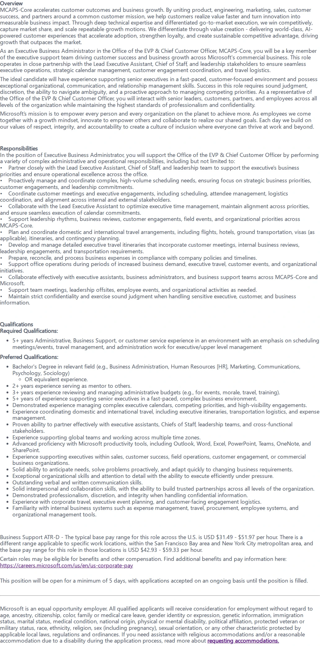 마이크로소프트(Microsoft) Executive Business Administrator 채용공고