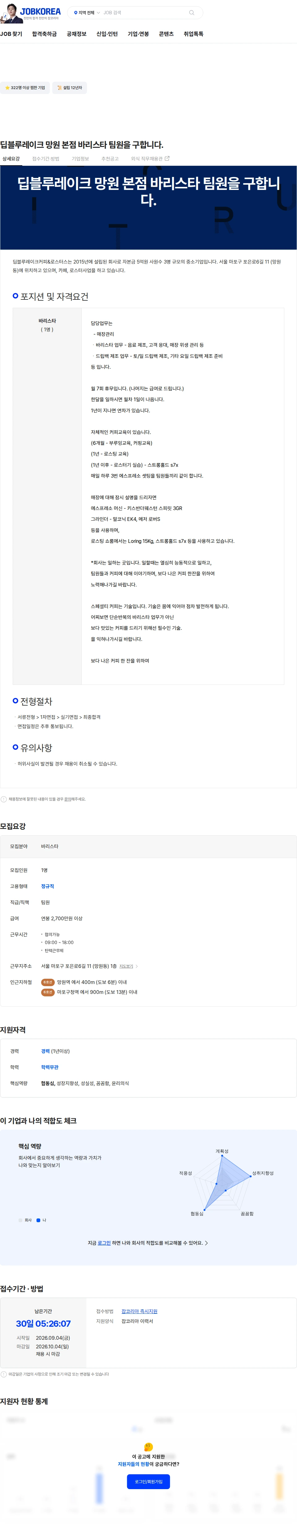 딥블루레이크커피&로스터스 딥블루레이크 망원 본점 바리스타 팀원을 구합니다. 채용공고