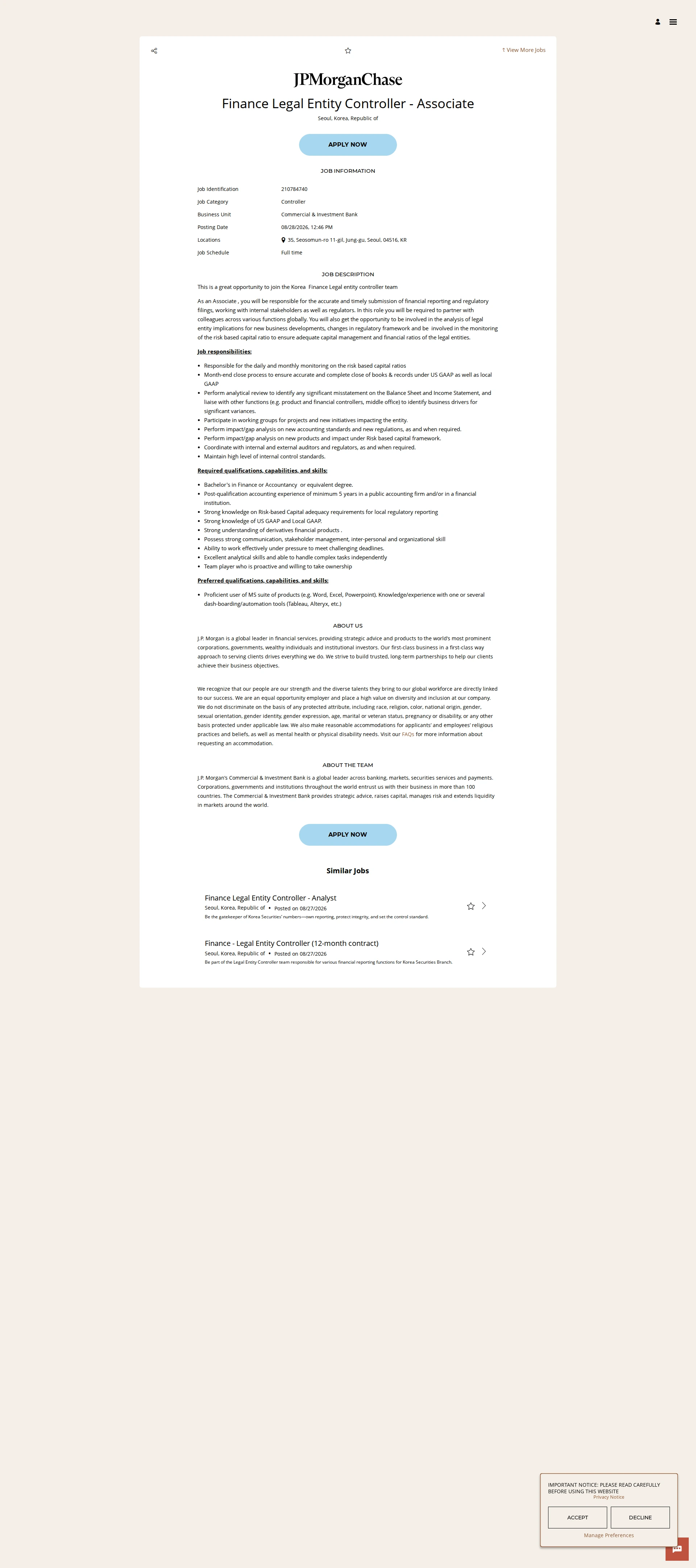 JPMorganChase Finance Legal Entity Controller - Associate 채용공고