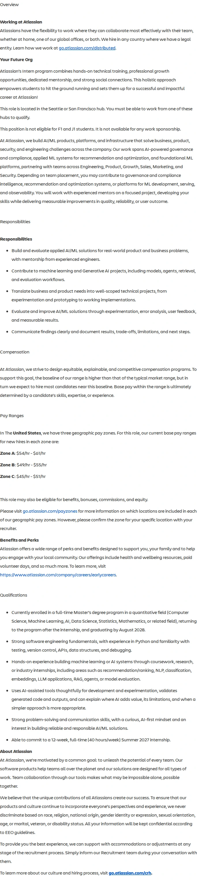 아틀라시안 Machine Learning Intern, 2027 Summer U.S. 채용공고