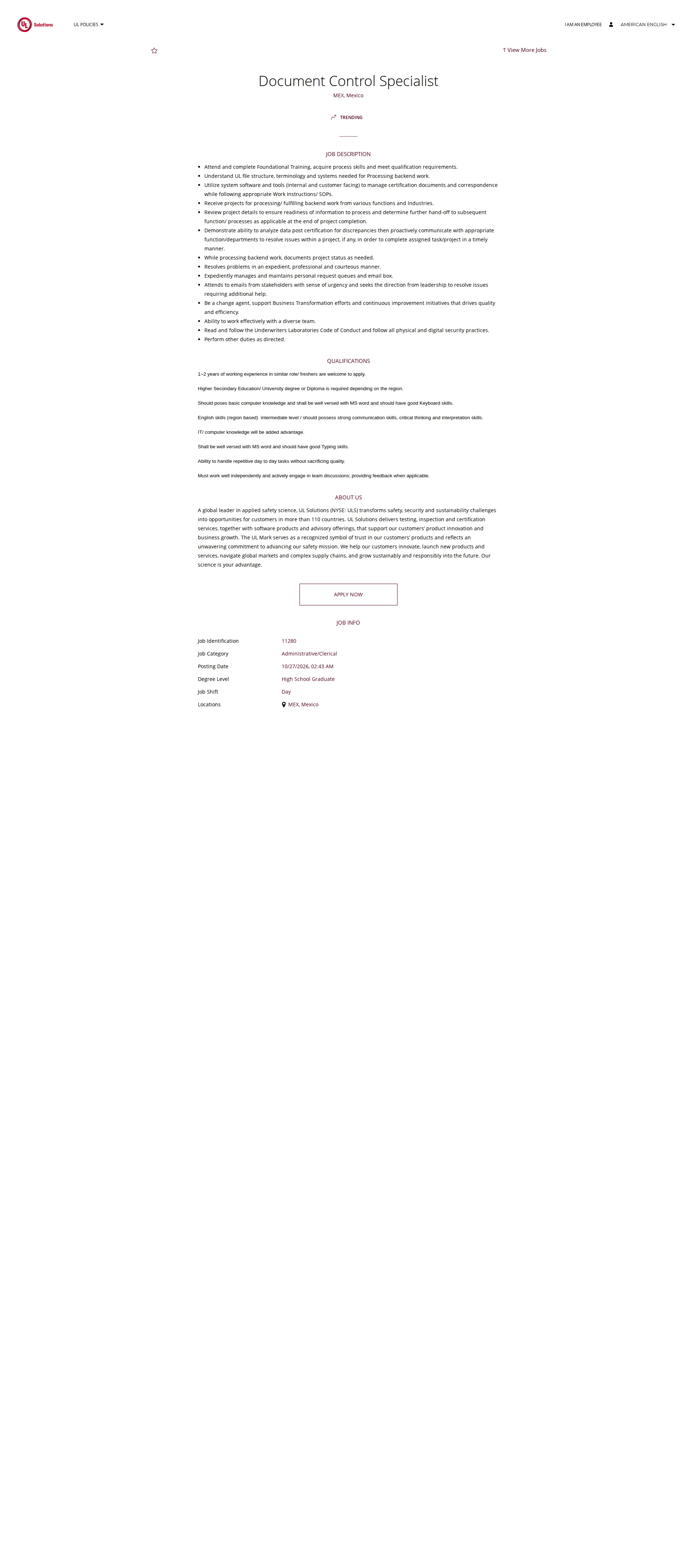 UL Solutions Document Control Specialist 채용공고