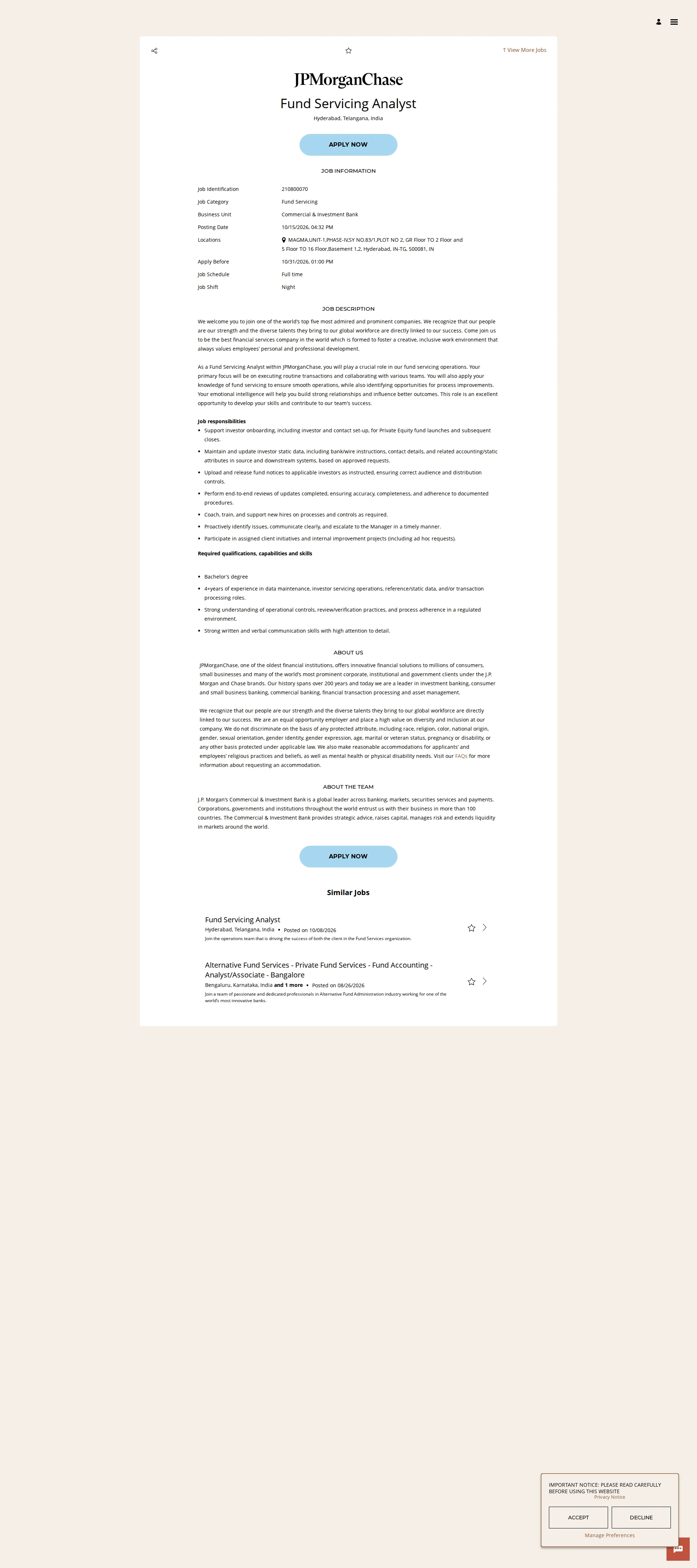 JPMorganChase Fund Servicing Analyst 채용공고