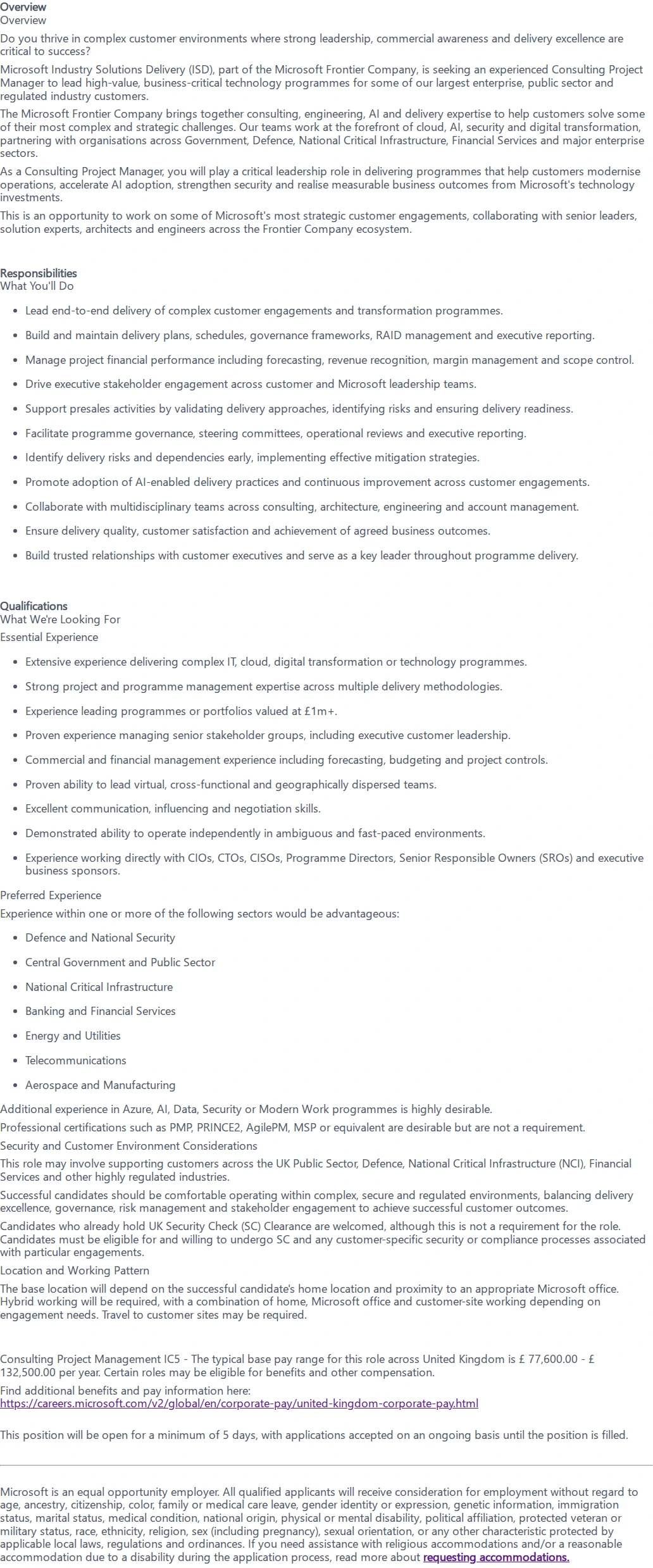 마이크로소프트(Microsoft) Consulting Project Manager, Cloud & AI - United Kingdom 채용공고