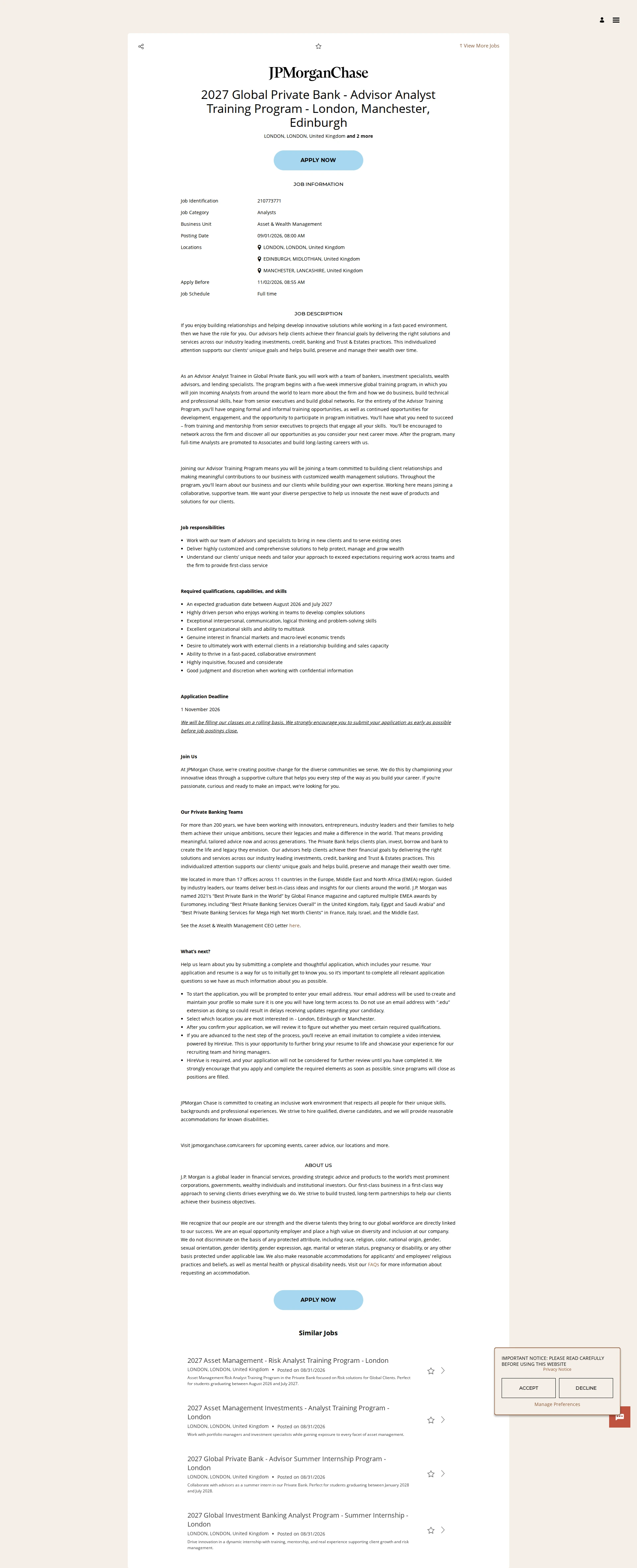 JPMorganChase 2027 Global Private Bank - Advisor Analyst Training Program - London, Manchester, Edinburgh 채용공고