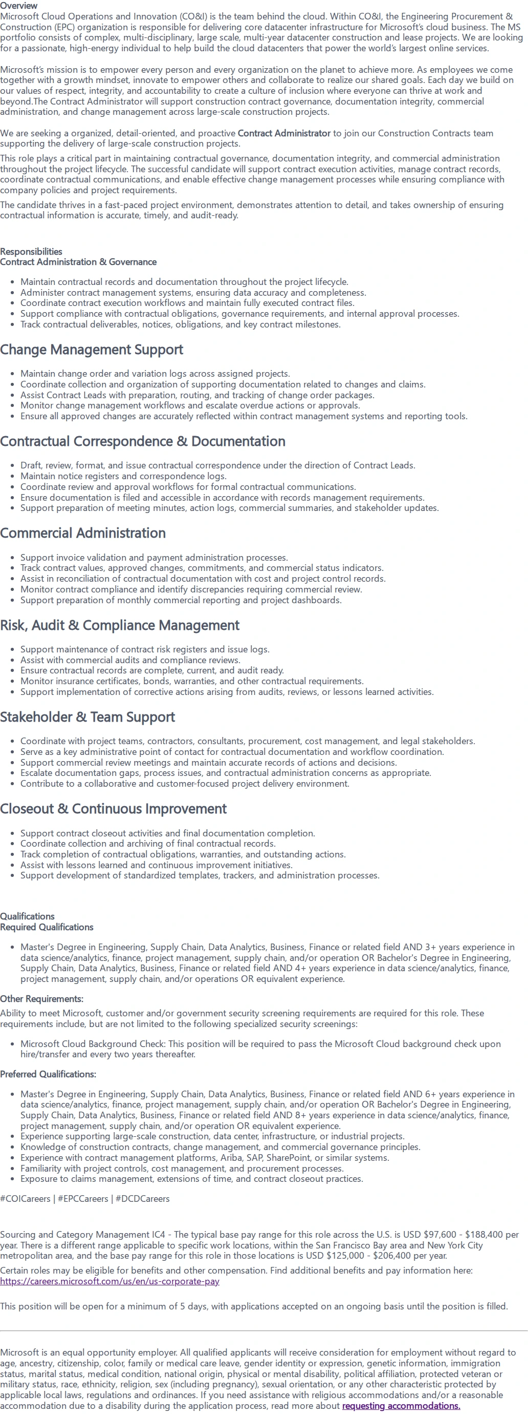 마이크로소프트(Microsoft) Contract Administrator 채용공고