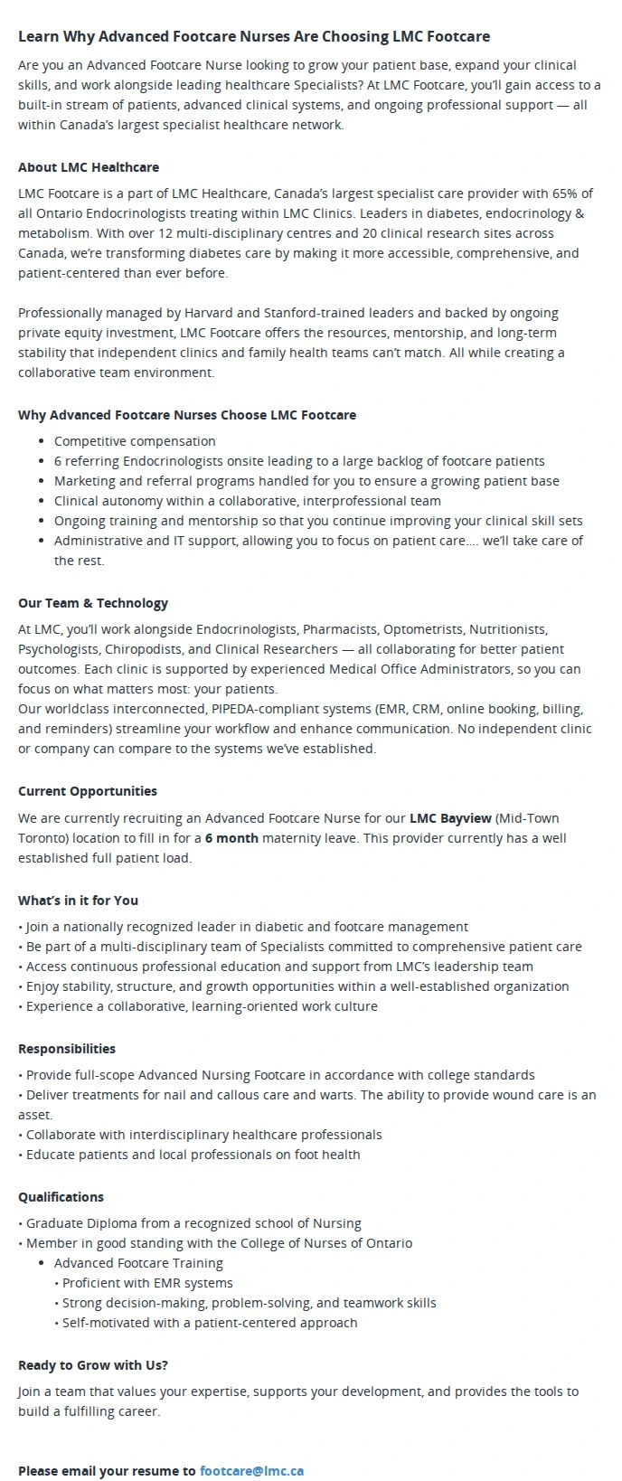 LMC Healthcare Footcare Nurse 채용공고