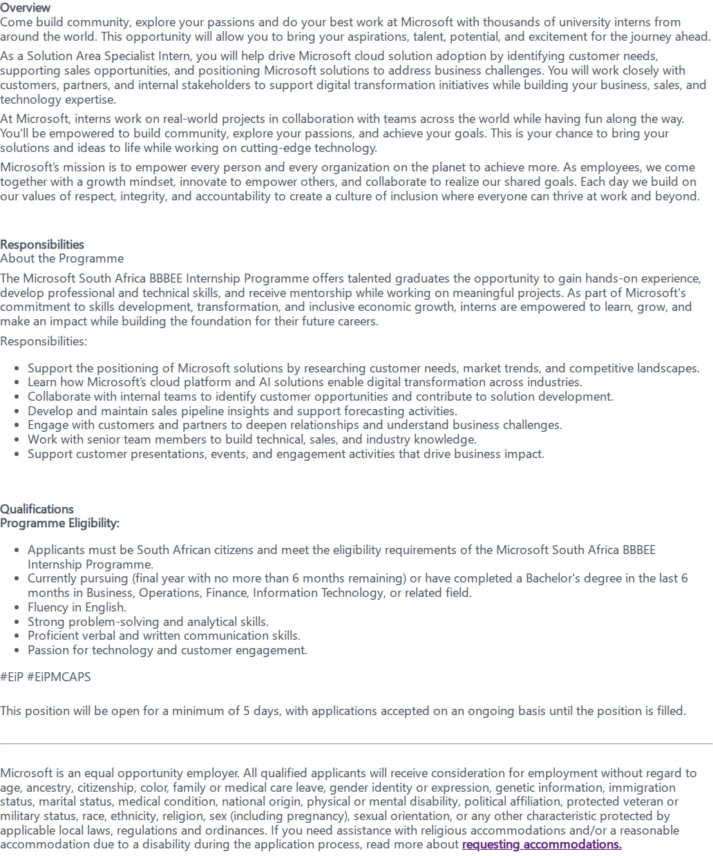 마이크로소프트(Microsoft) Specialist - BBBEE Internship 채용공고