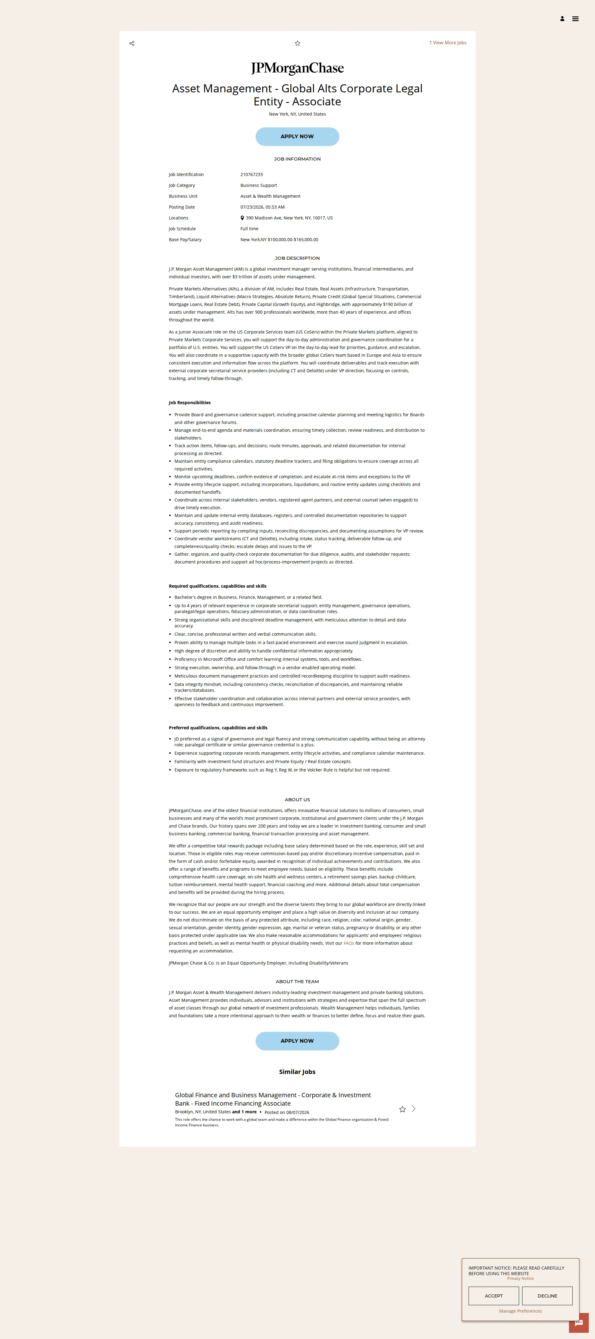 JPMorganChase Asset Management - Global Alts Corporate Legal Entity - Associate 채용공고