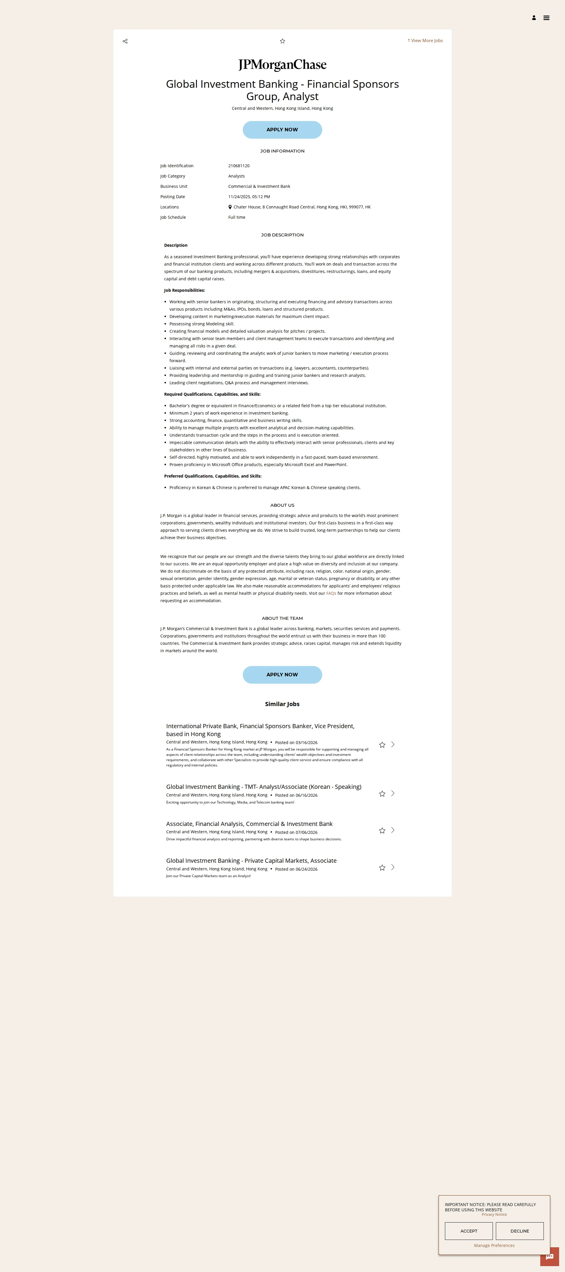 JPMorganChase Global Investment Banking - Financial Sponsors Group, Analyst 채용공고