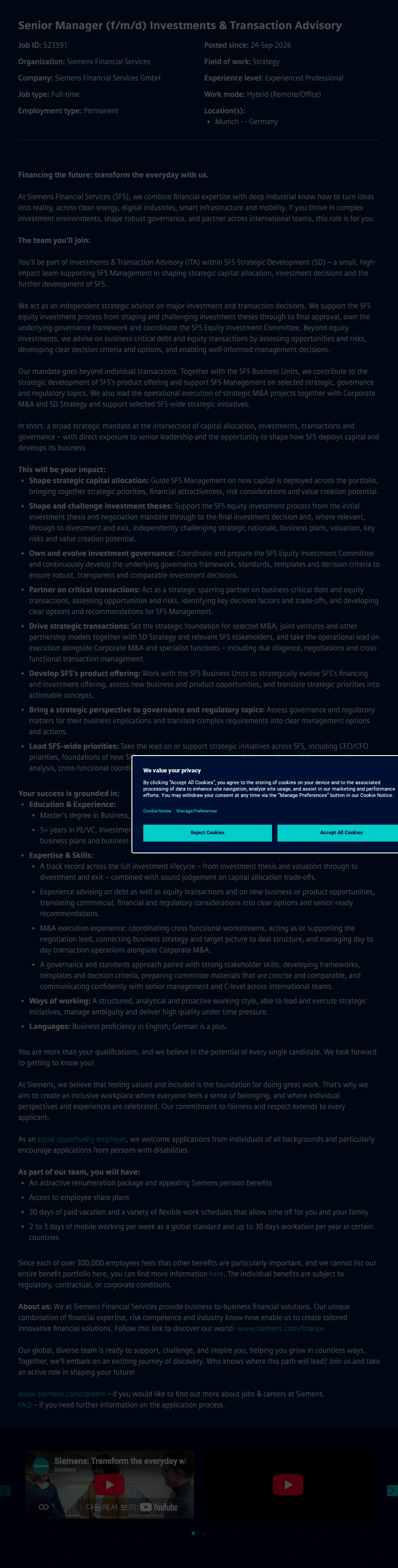 지멘스 Senior Manager (f/m/d) Investments & Transaction Advisory 채용공고