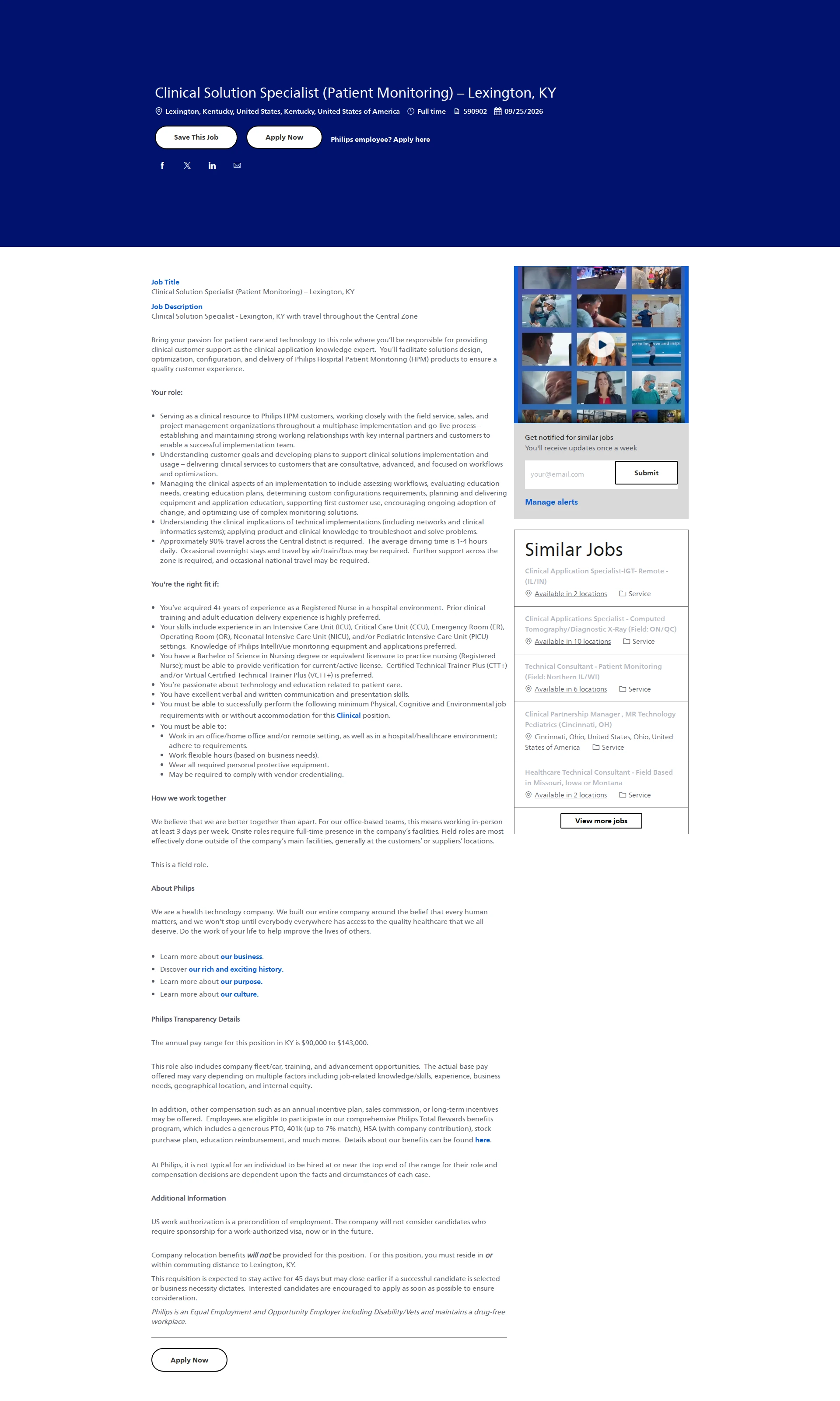 필립스 Clinical Solution Specialist (Patient Monitoring) – Lexington, KY 채용공고