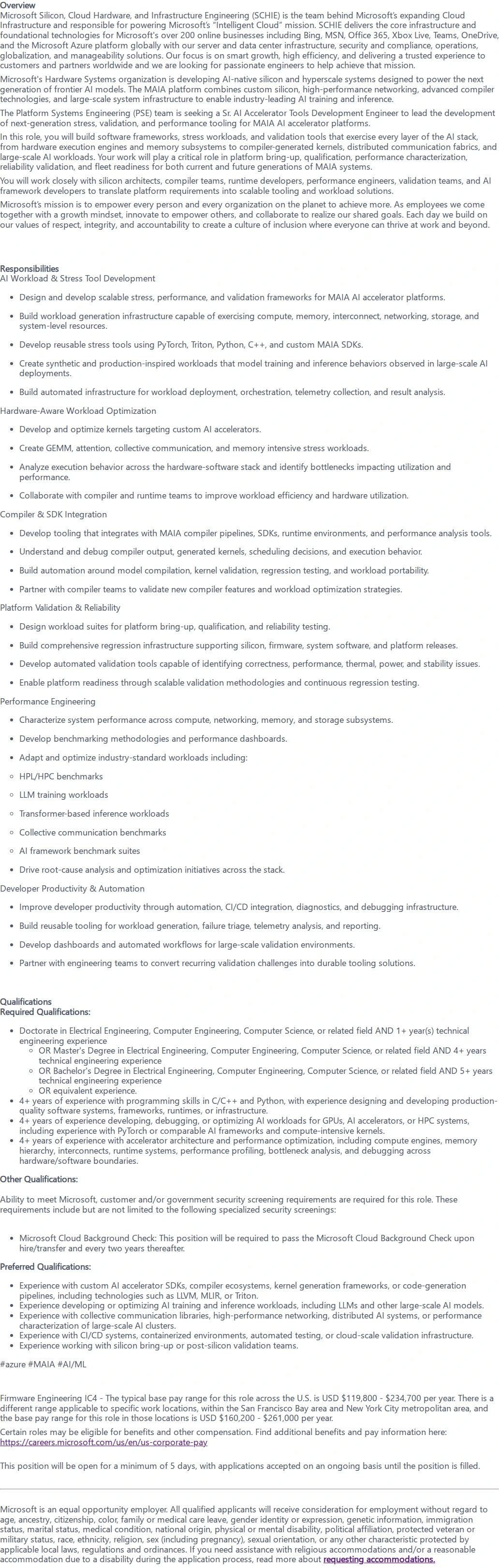 마이크로소프트(Microsoft) Senior Accelerator SW Tools Development Engineer 채용공고