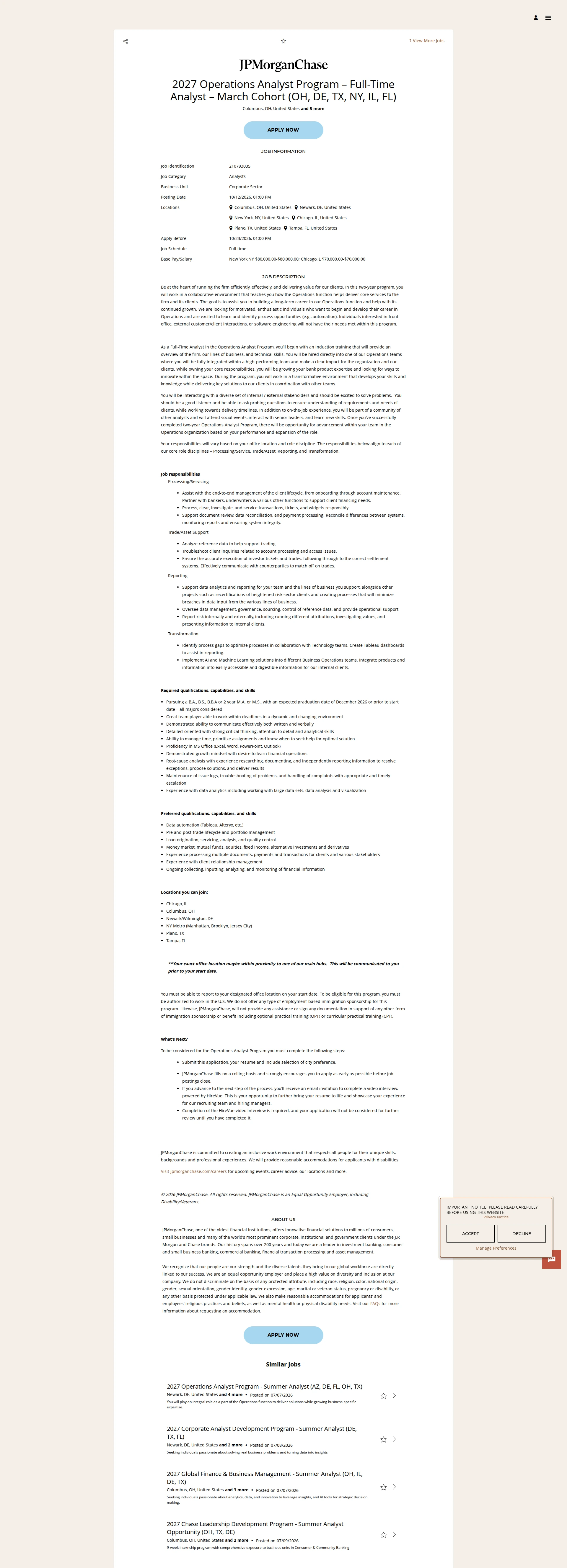 JPMorganChase 2027 Operations Analyst Program – Full-Time Analyst – March Cohort (OH, DE, TX, NY, IL, FL) 채용공고