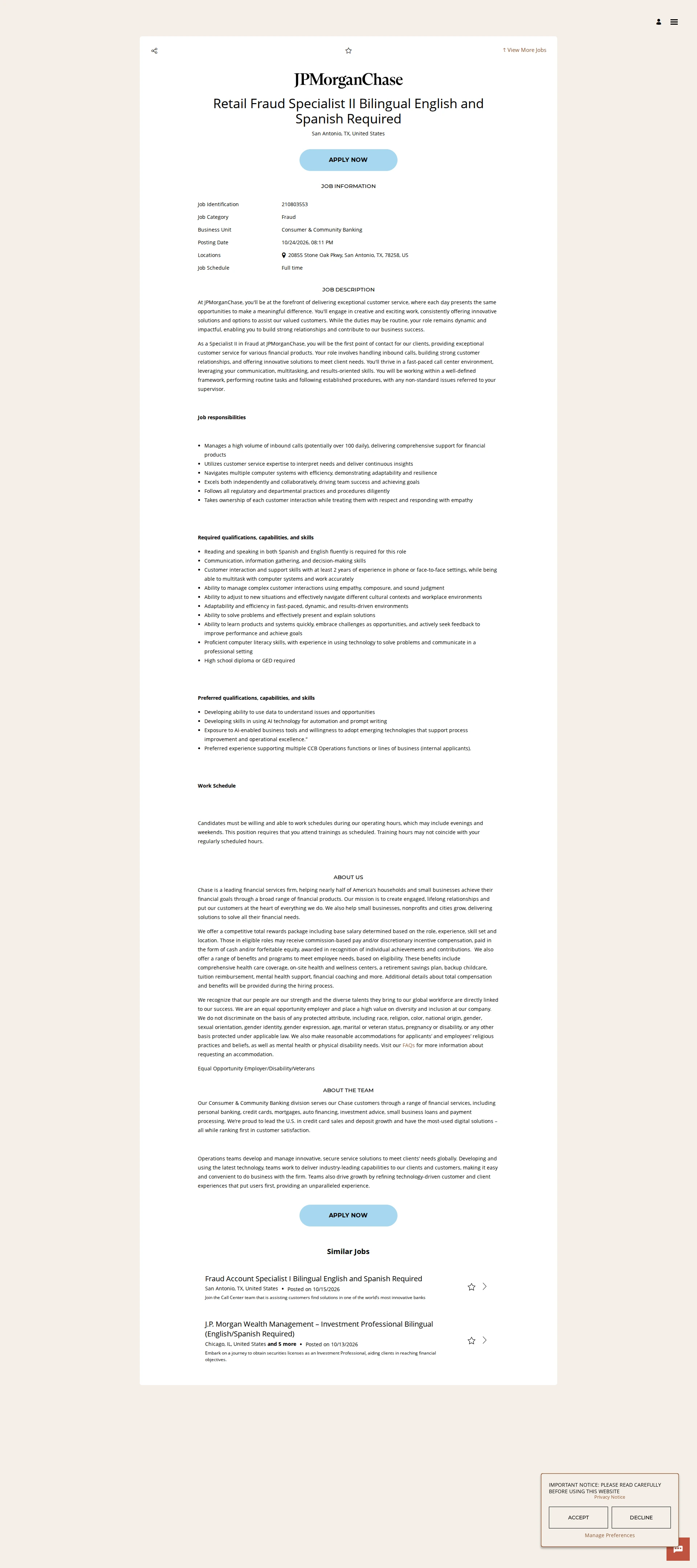 JPMorganChase Retail Fraud Specialist II Bilingual English and Spanish Required 채용공고