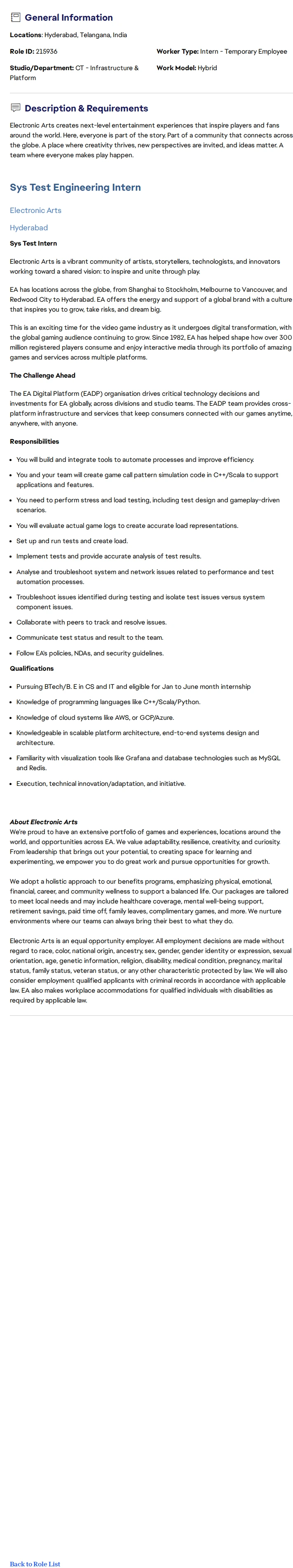 ElectronicArts SysTest Engineering Intern 채용공고