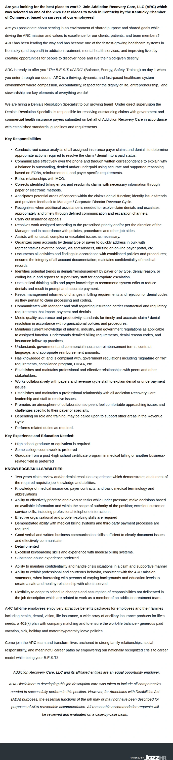 Addiction Recovery Care Denials Resolution Specialist 채용공고
