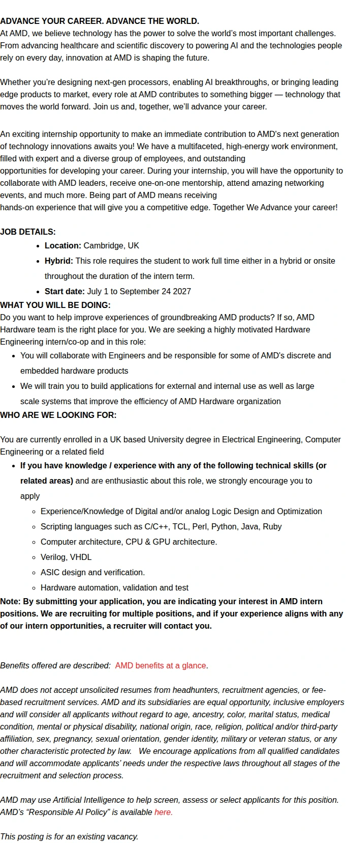 AMD Summer 2027 Hardware Engineer Intern 채용공고