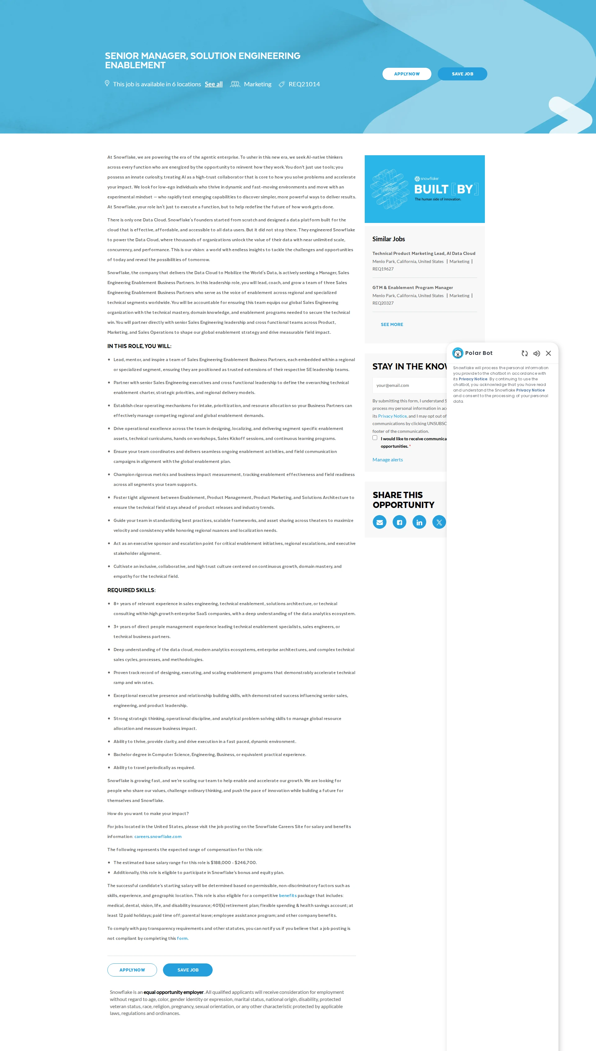 스노우플레이크 Senior Manager, Solution Engineering Enablement 채용공고