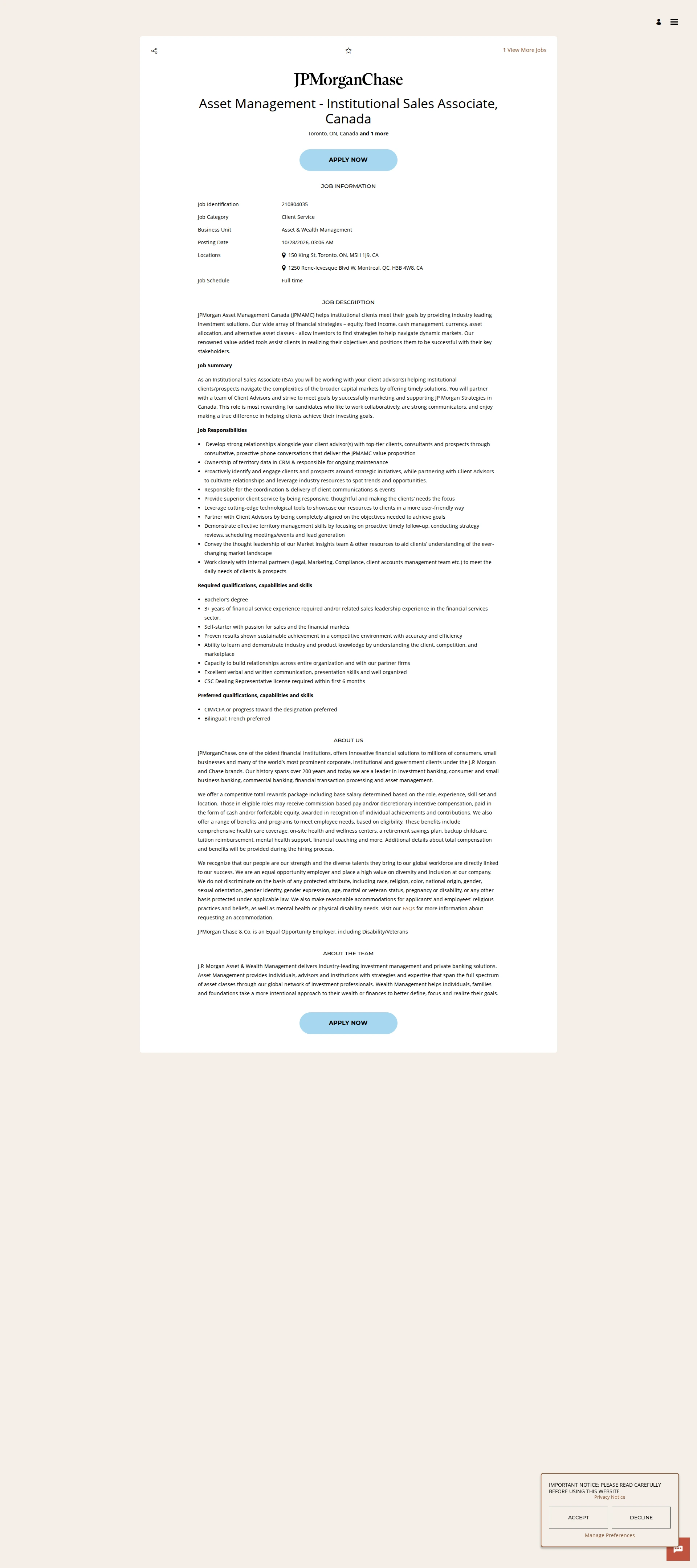 JPMorganChase Asset Management - Institutional Sales Associate, Canada 채용공고